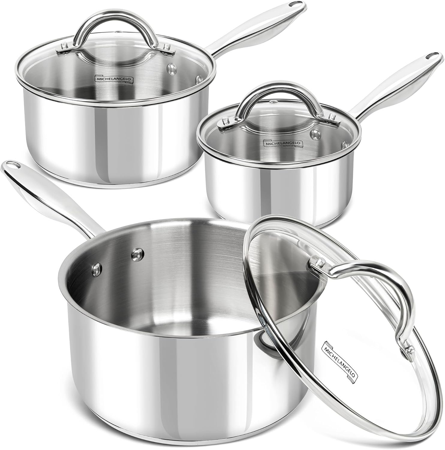 MICHELANGELO 6-Piece Stainless Steel Pot Set, 1QT, 2QT & 3QT