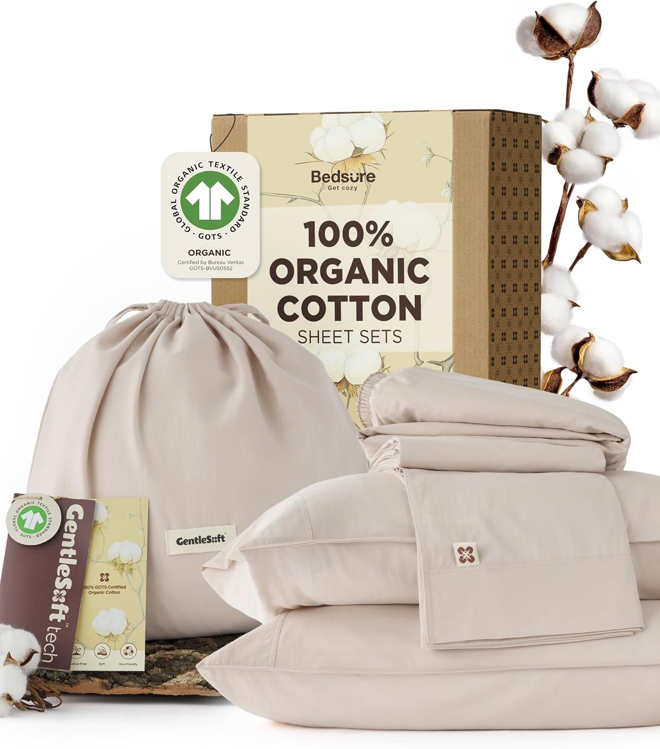 Bedsure PureWoven 100% GOTS Certified Organic Cotton Sheets, Queen Size