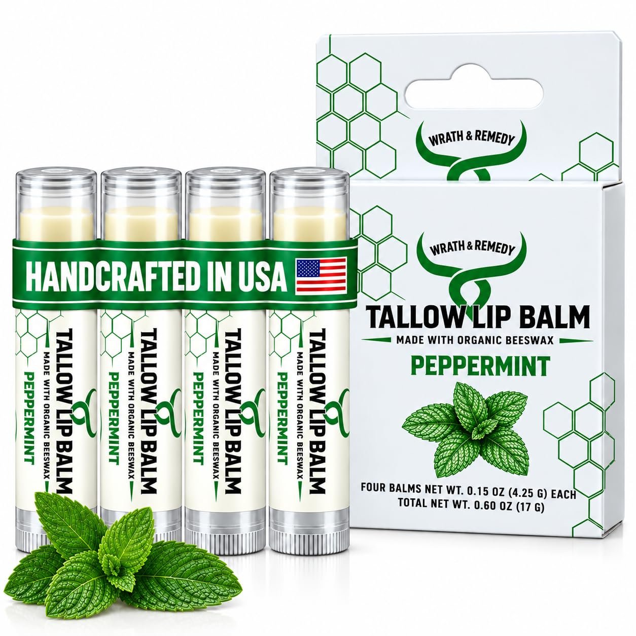Wrath & Remedy Beef Tallow Lip Balm, Grass Fed, Beeswax, Peppermint, 4-Pack