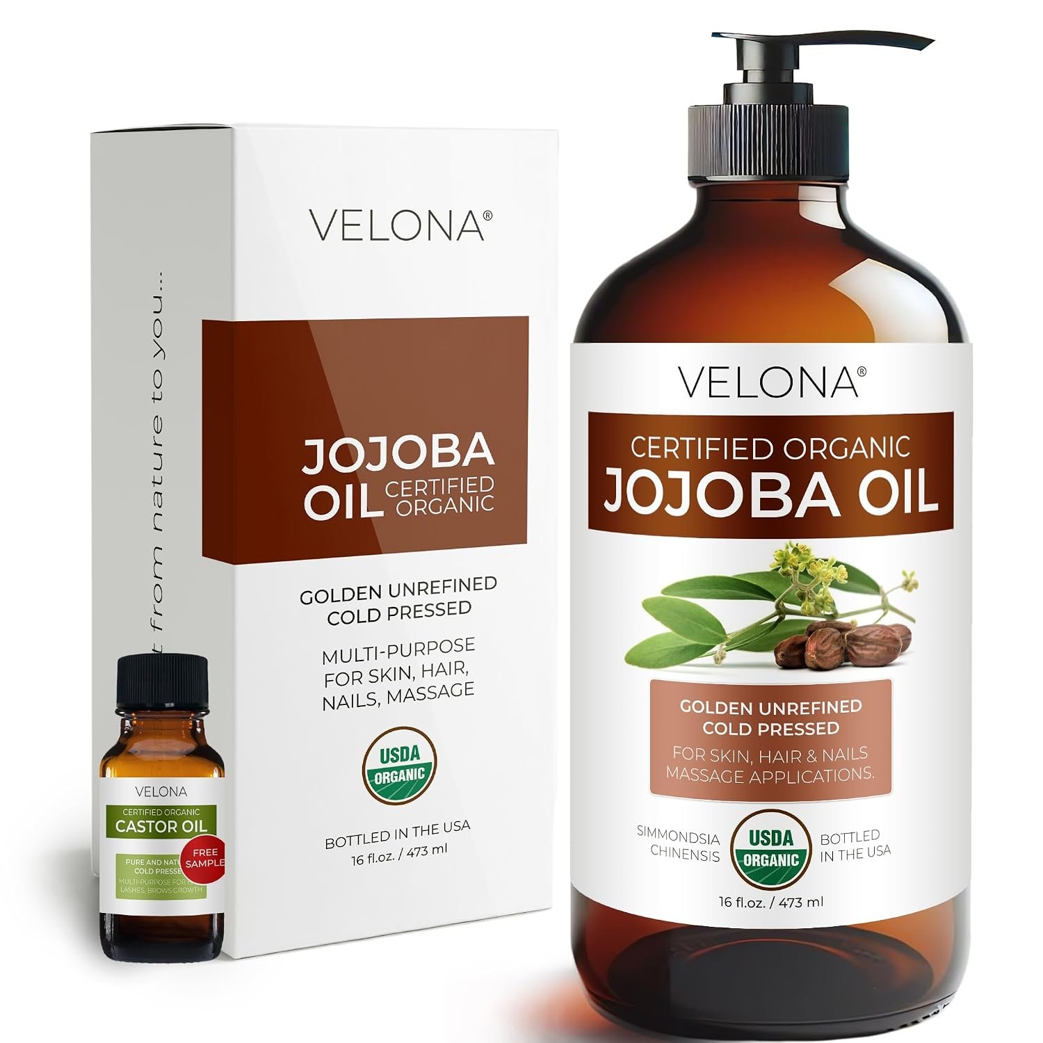 velona USDA Organic Jojoba Oil – 16 fl oz Glass Bottle, Cold Pressed, Pump