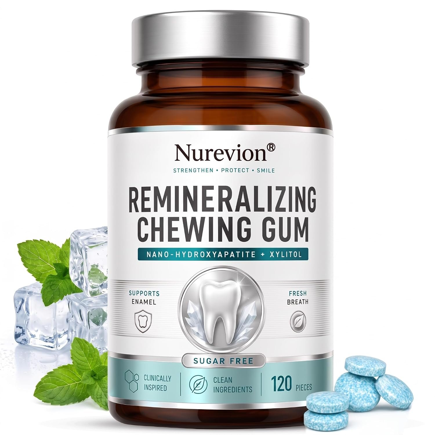 Remineralizing Chewing Gum, with Nano Hydroxyapatite & Xylitol, Dry Mouth Breath Freshening and Post Meal Oral Care, Sugar Free Peppermint Gum for Enamel Support, 120 Pieces