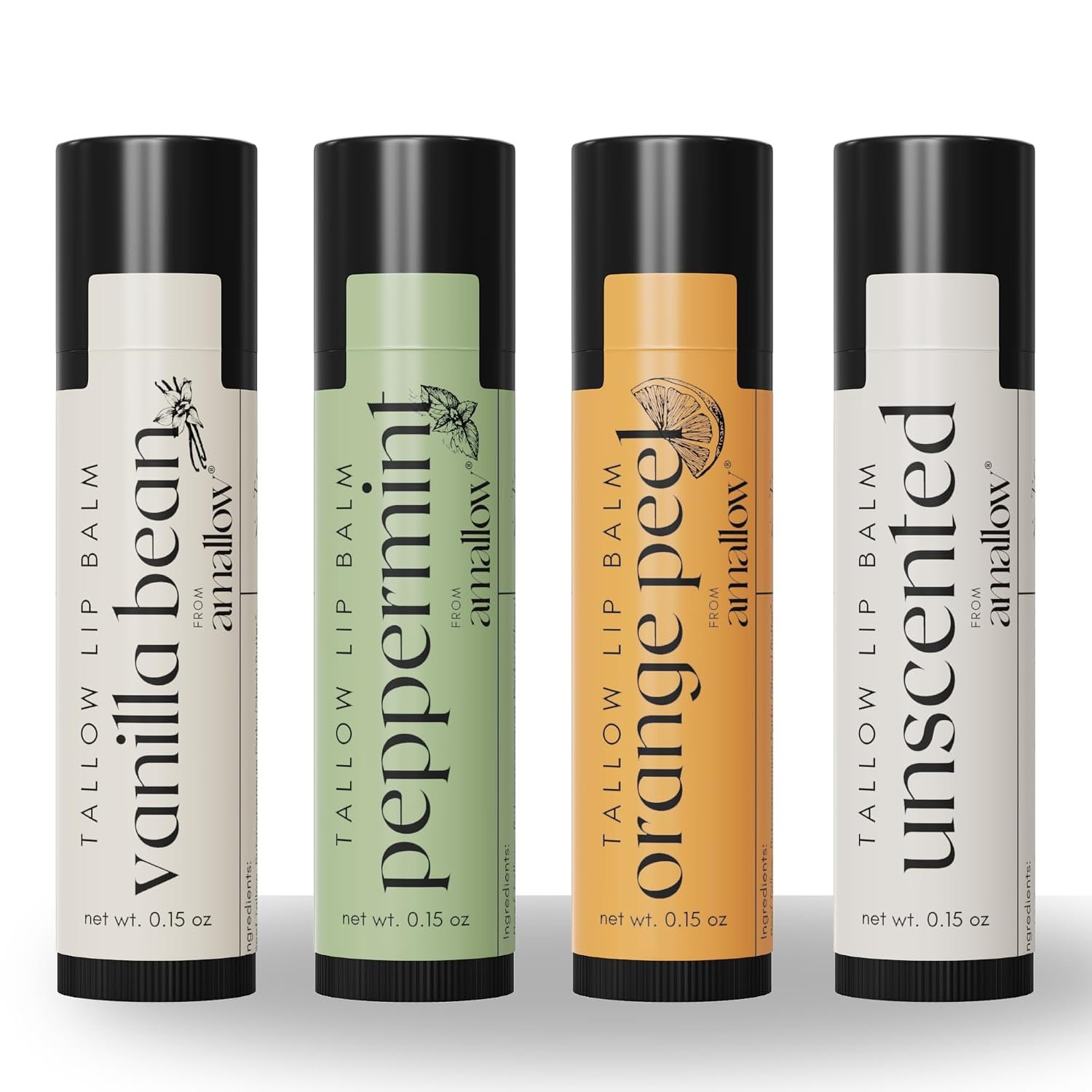 Amallow Tallow Lip Balm Variety Pack (4 Pack) – Vanilla Bean, Peppermint, Orange Peel, & Unscented – Natural Lip Balm with Grass-Fed Tallow, Shea Butter & Beeswax – 0.15 oz Each