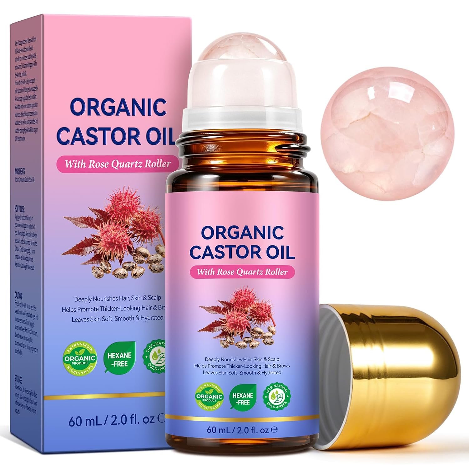 Organic Castor Oil Roll On (2.0 Fl Oz), Pure Cold-Pressed Moisturizing Oil