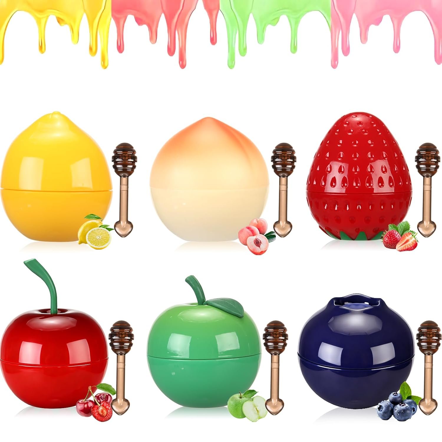 6 PCS Bee Lip Balm Lip Mask Furit Pot, Strawberry & Apple & Lemon & Peach Moisturizing Honey Balm, Lip Sleeping Mask, Lip Mask Overnight for Reduce Fine Lines, Repair Dry Cracked Lips
