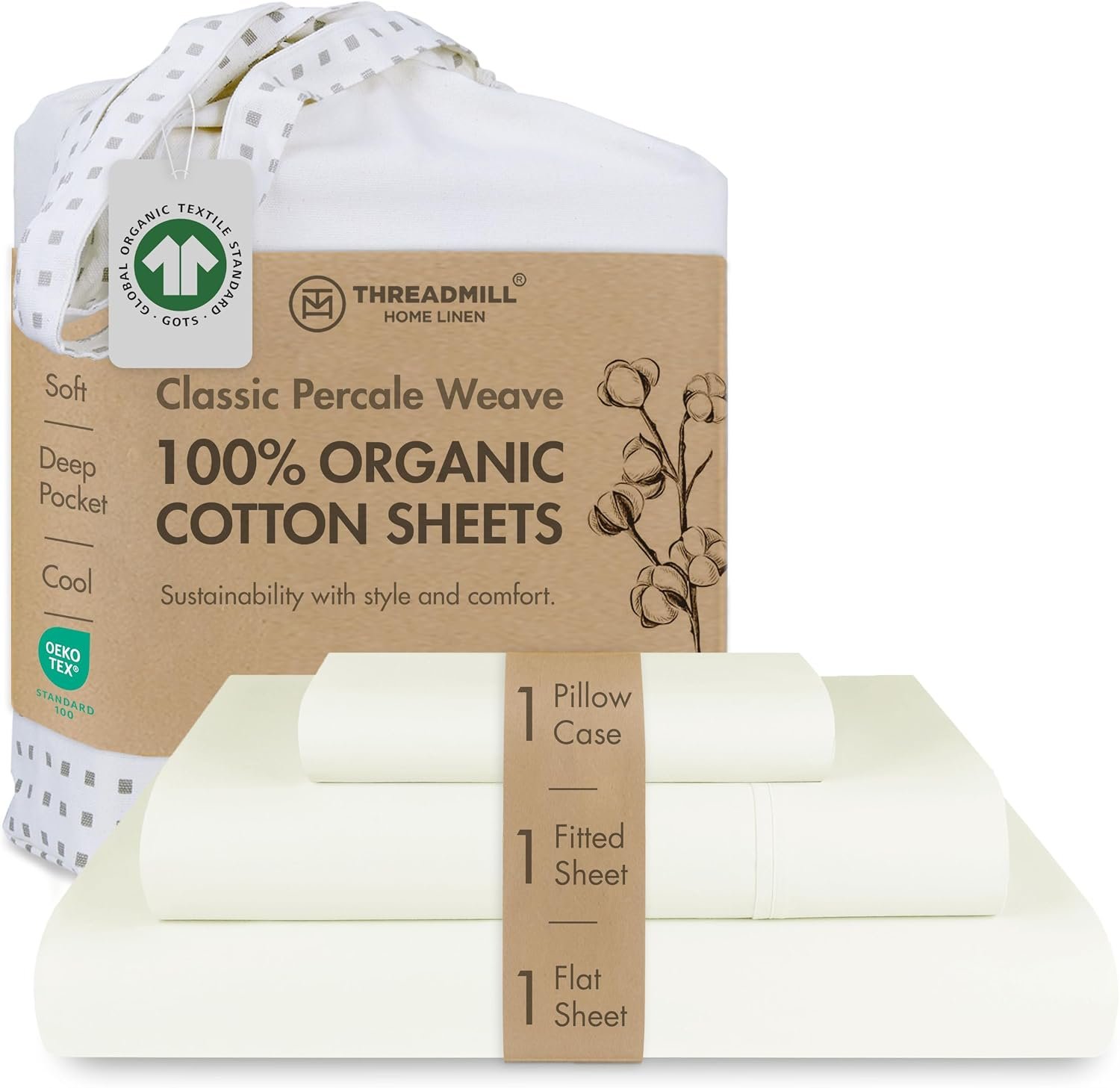 Threadmill 100% Organic Cotton Twin Sheet Set – GOTS Certified, 3 Piece, Ivory – Soft and Breathable Sheets with All-Round Elastic Deep Pocket for Snug Fit Bedding Set