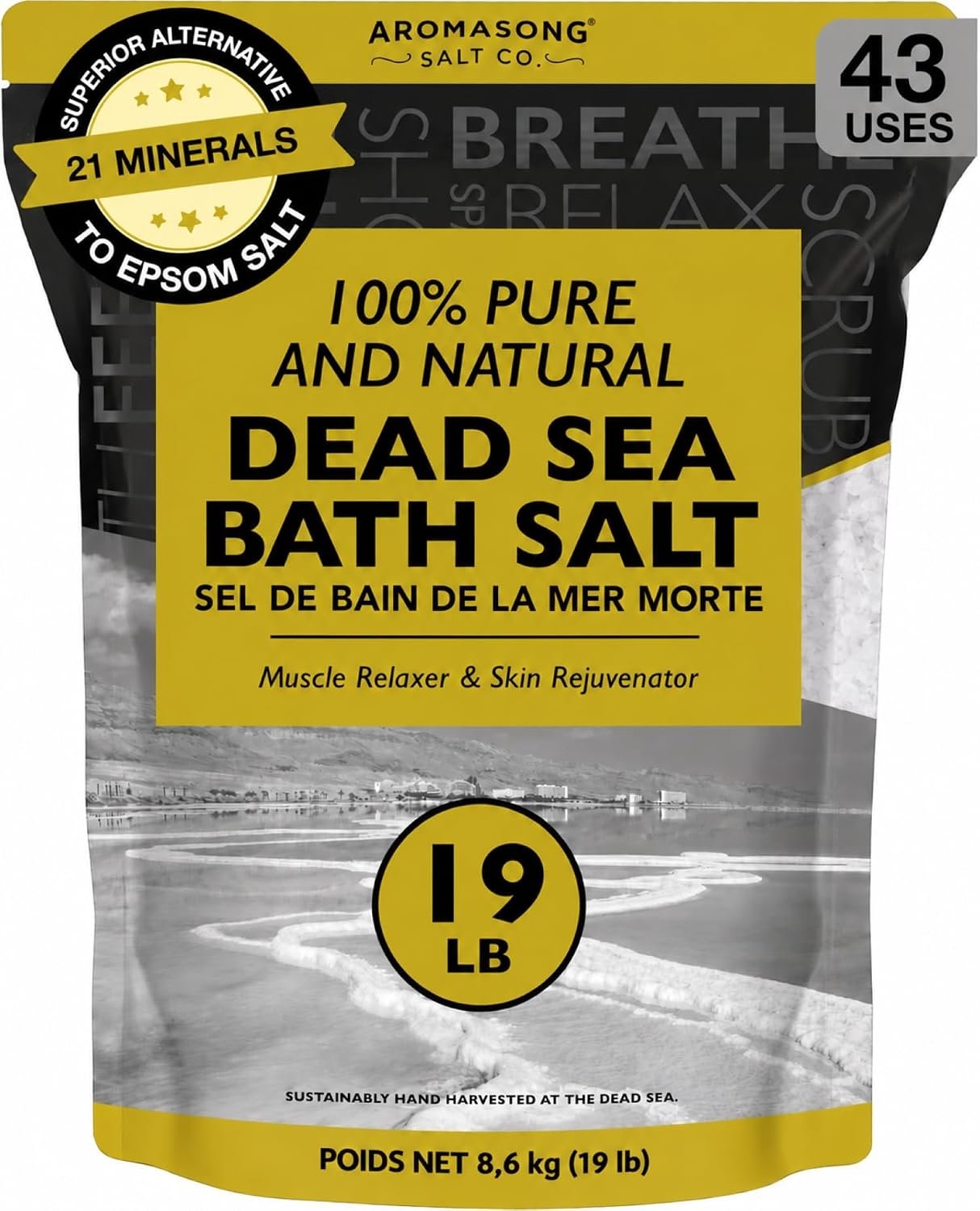 Aromasong Dead Sea Salt – Spa Bath Salt – 19 Lbs Fine Grain Bulk – 100% Pure – Better Absorbing Than Epsom Salt – Soak for Women & Men for Skin Issues and to Relax Tired Muscles – Resealable Pack.