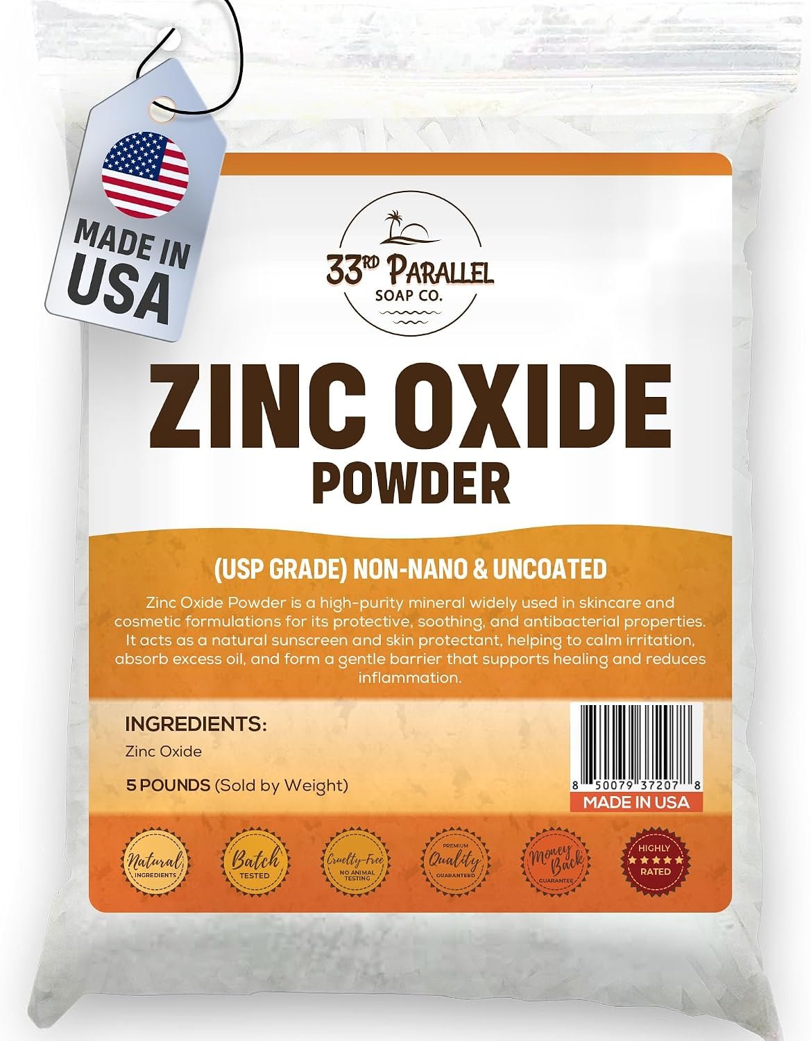 Zinc Oxide Powder USP Grade (5 lbs) Zinc Dust | Non-Nano & Uncoated | Natural UV Protection, Soothes Irritation, Anti-Bacterial Mineral for Sunscreen, Creams, Balms & DIY Skincare | 5 POUNDS