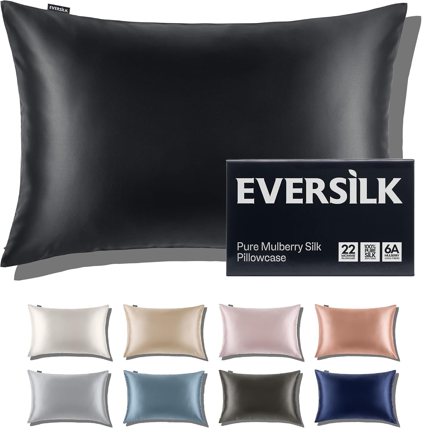 Mulberry Silk Pillowcase for Hair and Skin: 22 Momme 100% Pure Natural Silk Pillow Case with Hidden Zipper – 6A Grade Hypoallergenic Cool Pillow Cover for Sleep – 1 Pack Black Queen in Gift Box