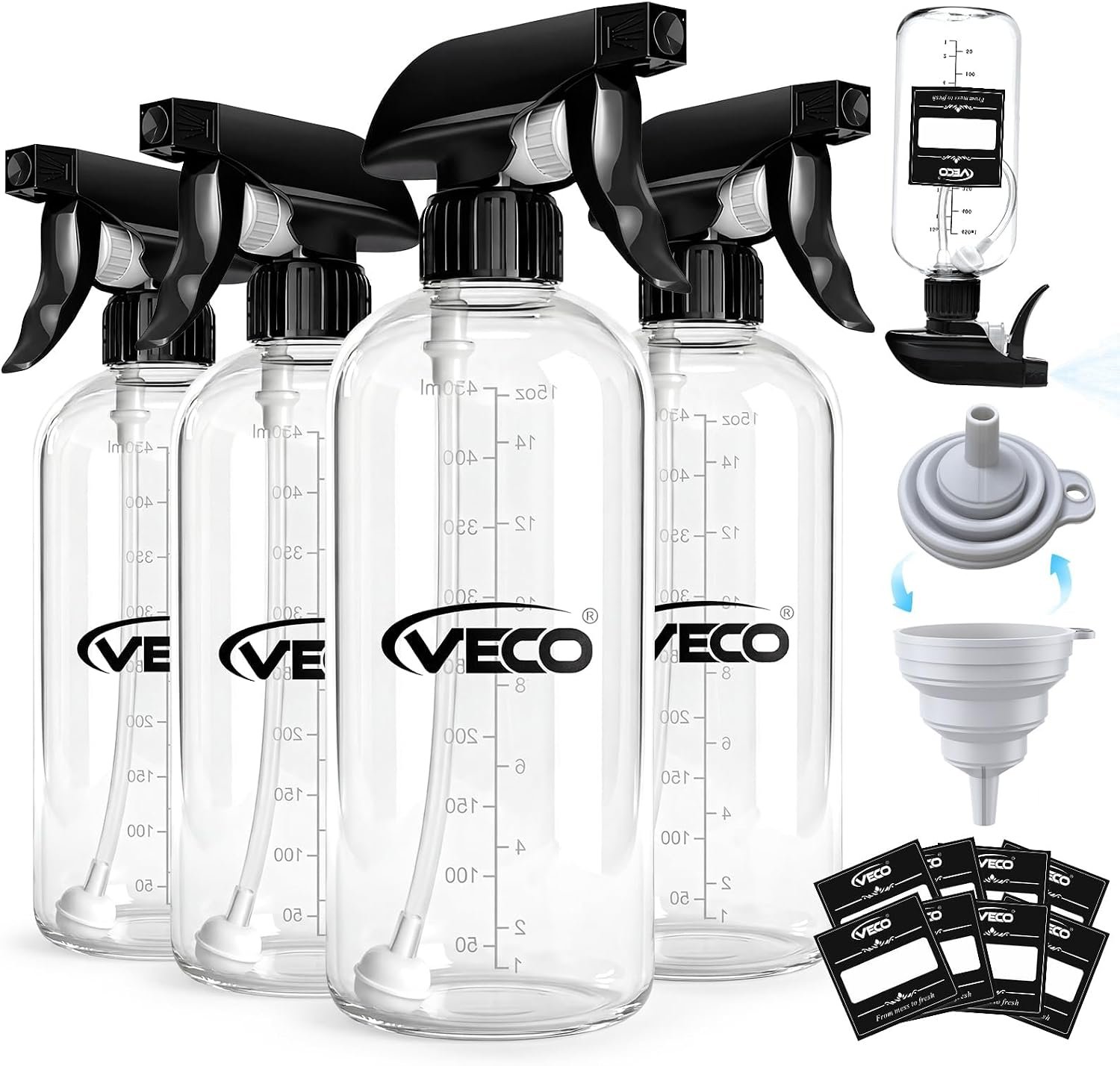 Veco 16oz Graduated Spray Bottles, 4-Pack — 360° Any-Angle Spraying for Easy Dilution, Leak-Resistant spray bottles for Cleaning, Plants, Hair & Pet Use + Foldable Funnel