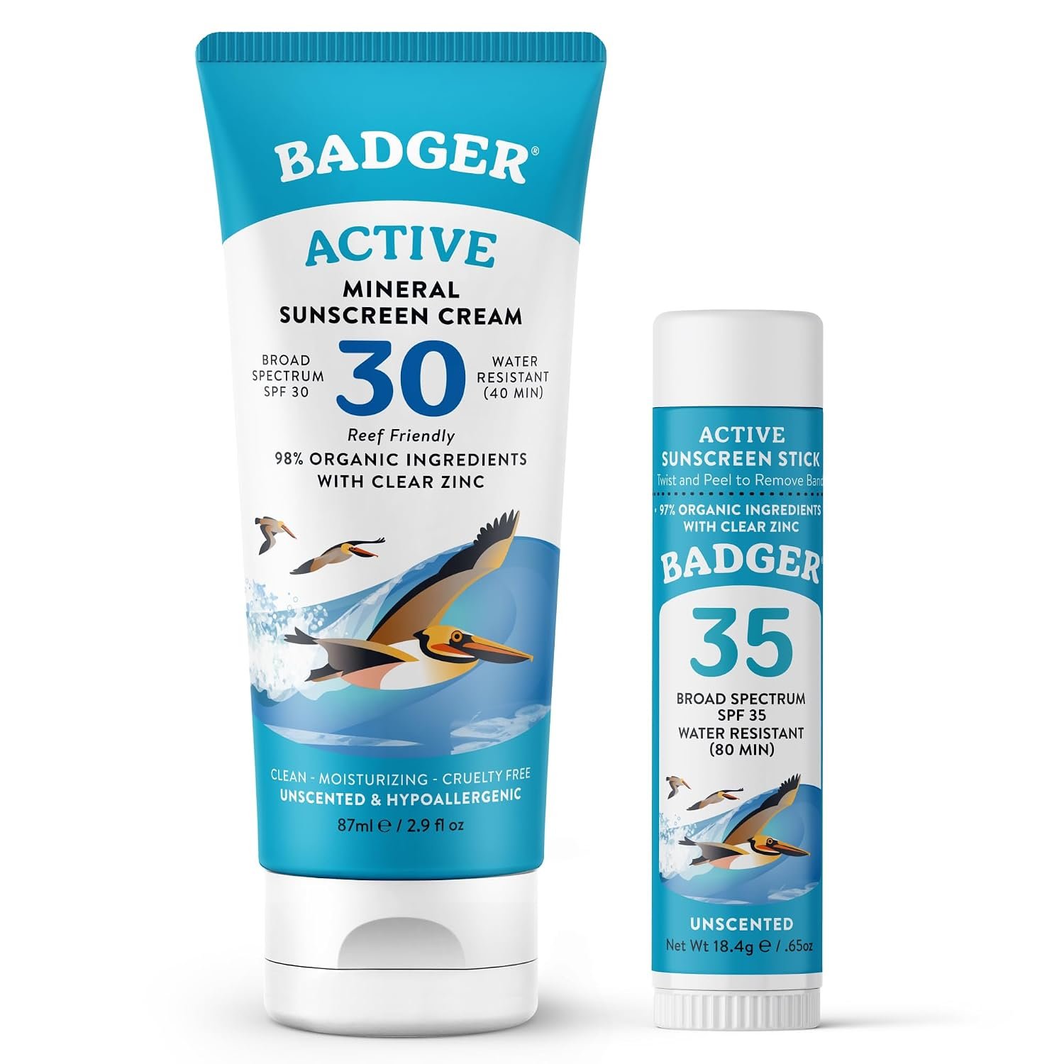 Badger Mineral Sunscreen Combo, SPF 30 Cream & SPF 35 Stick Set, Reef Safe