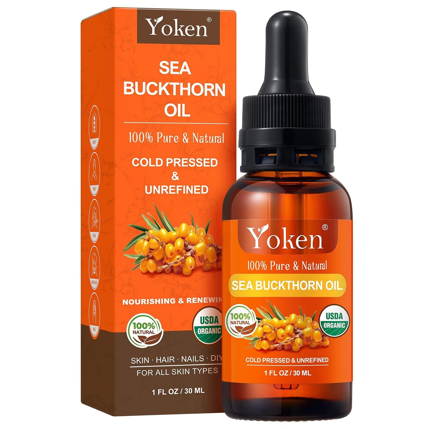 Organic Sea Buckthorn Oil Cold Pressed for Face Hair & Nails 1oz – 100% Natural Facial Oil from Sea Buckthorn Berry with Omega 3, 6, 7 & 9 for Skin Nourishment, aceite de espino amarillo organico