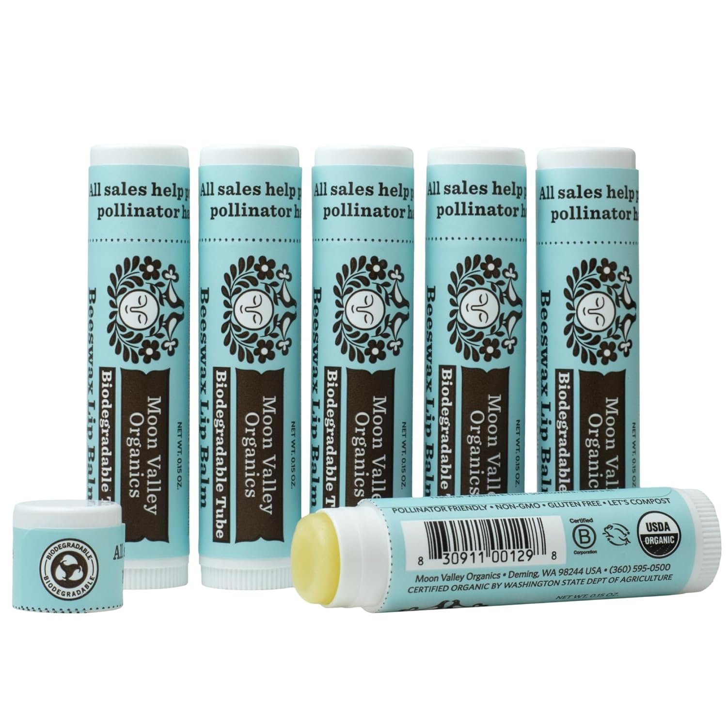 Moon Valley Organics Beeswax Lip Balm, Cool Mint Vanilla, 6-Pack