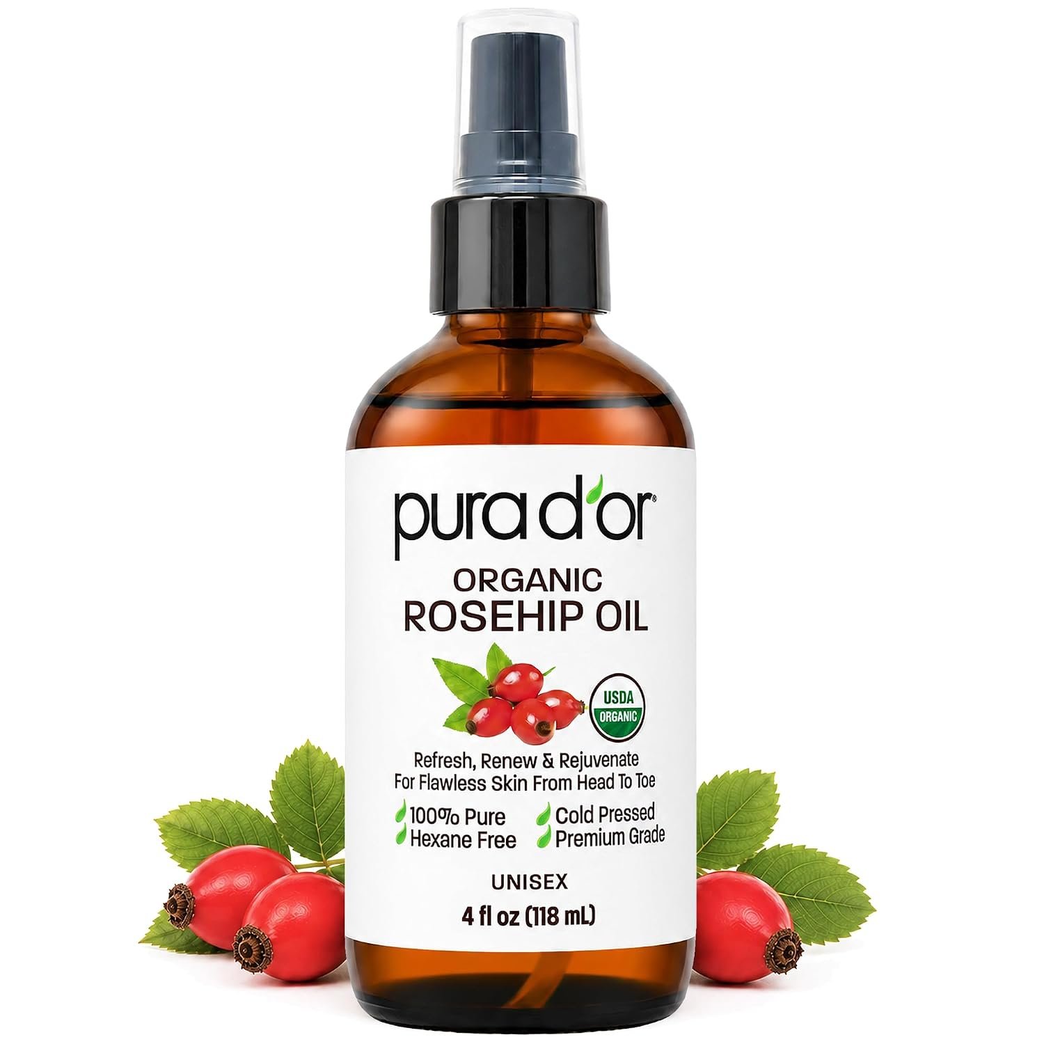 PURA D’OR USDA ORGANIC Rosehip Seed Oil Pure Cold-Pressed for Face, 4oz