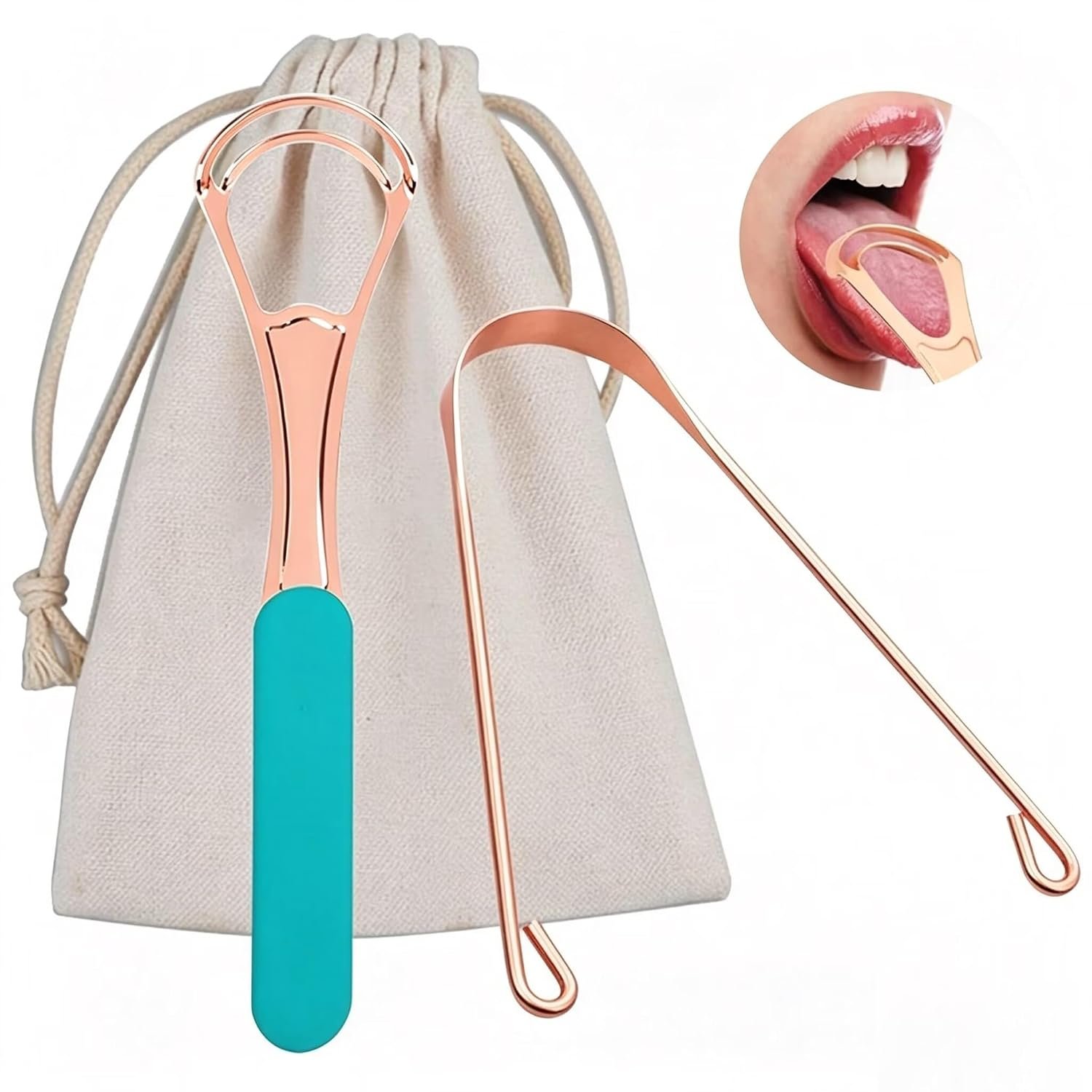 2Pcs Copper Tongue Scraper, Tongue Cleaner Set for Adults Kids, Stainless steel Wide Double Blades Oral Tongue Brush Cleaning Scrapping Sweeper for Fresh Breath and Mouth Hygiene Care with Travel Bag