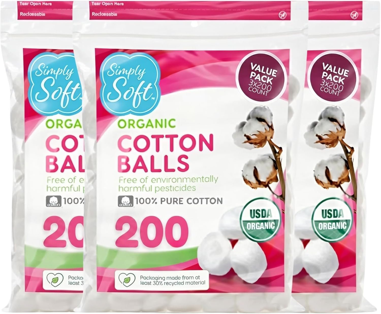 Simply Soft Premium Organic Cotton Balls, 600 Count (3 Bags) 100% Pure Cotton, Certified, Hypoallergenic, Large, Soft & Absorbent for Beauty, Cosmetics, Skin Care, Lint Free