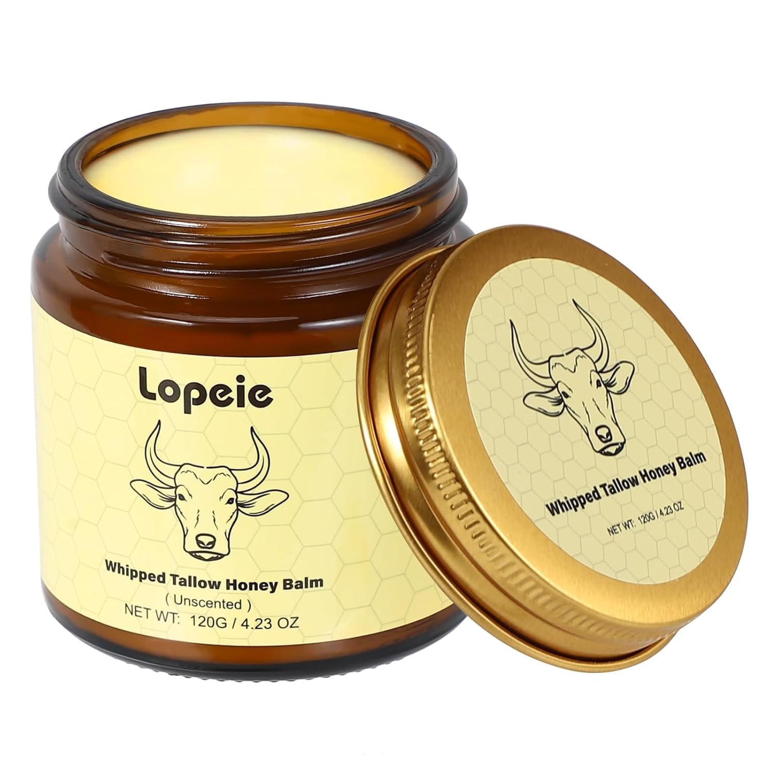Lopeie Beef Tallow for Skin＆Face – 100% Organic Grass Fed Whipped Moisturizer with Honey Balm, Natural Hydrating Cream for Face & Body, Relief for Dry & Sensitive Skin (4.23oz, Unscented)