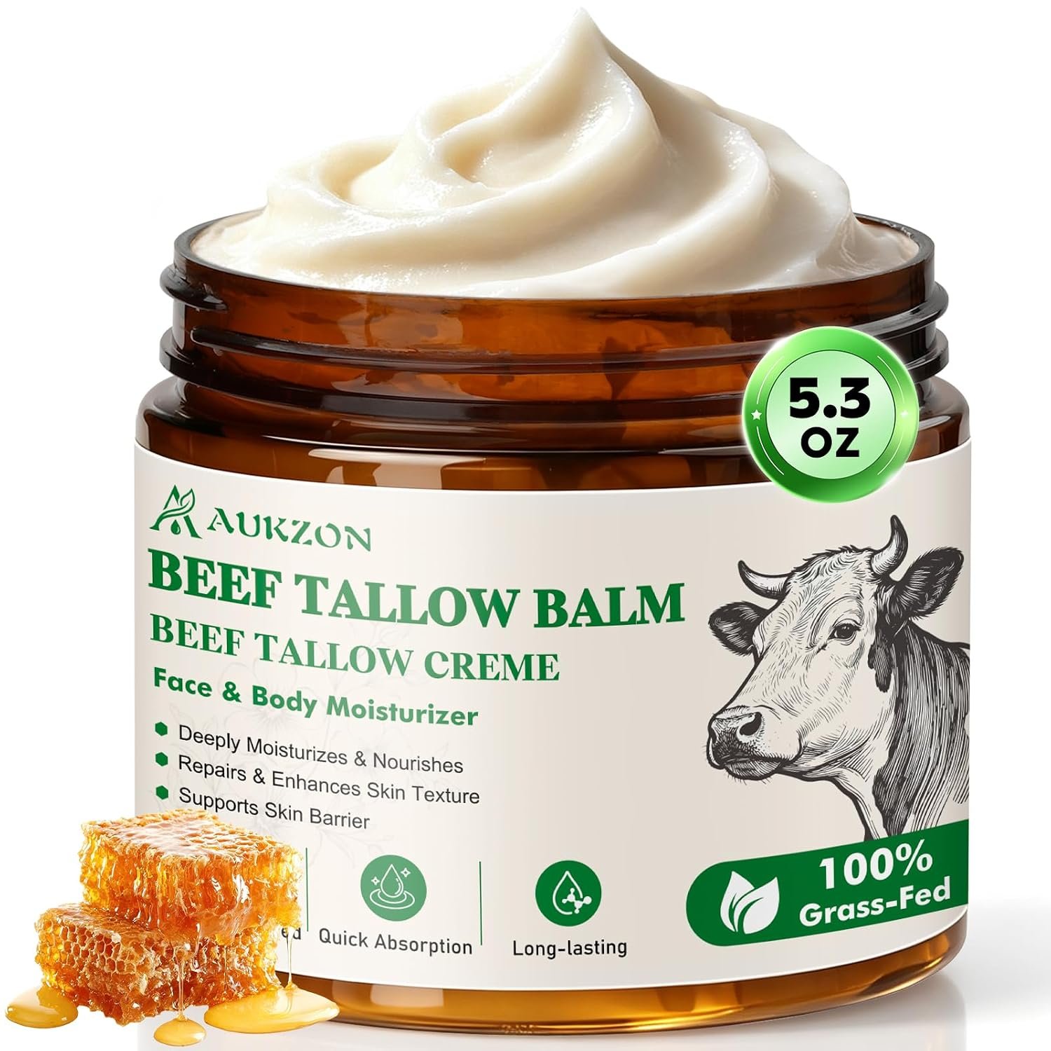 Beef Tallow for Skin – 100% Grass-Fed Beef Tallow for Face & Body, Unscented Tallow and Honey Balm, Quickly Absorbs, Deeply Moisturizes & Nourishes, 5.3oz Enough to Share with Family Members