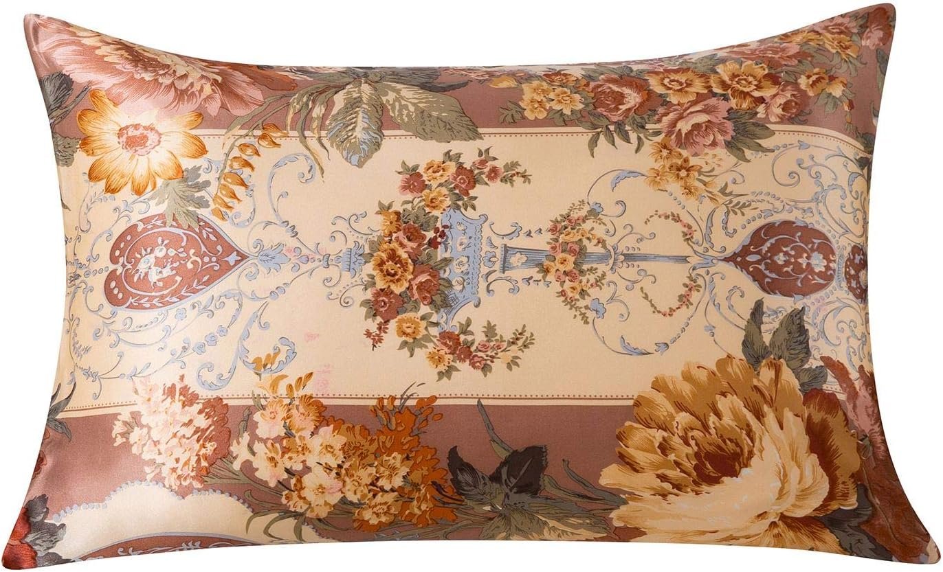 100% Mulberry Silk Pillowcase for Hair and Skin Health with Hidden Zipper Floral Print Both Sides Silk SLPBABY (Standard, Pattern18)