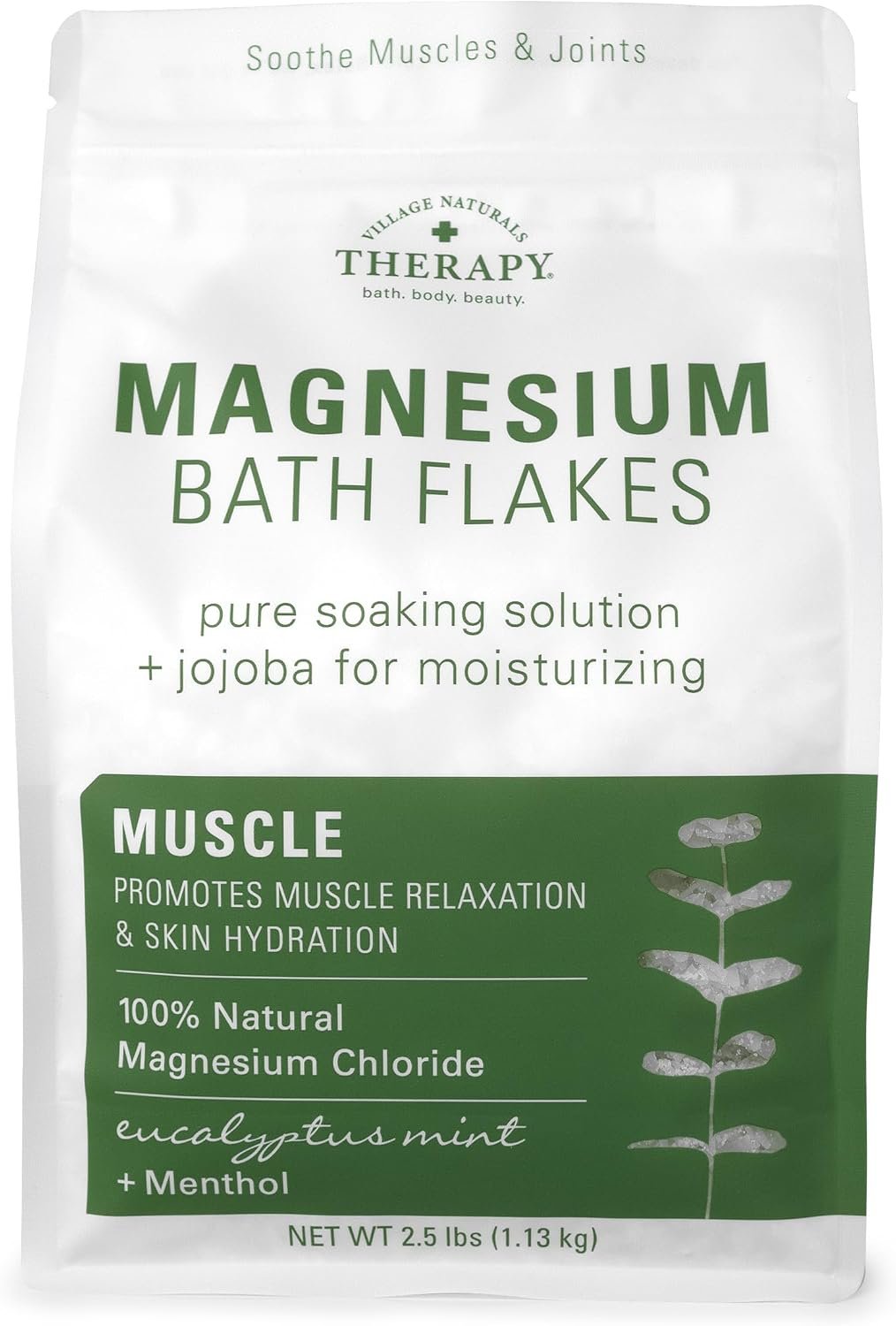Village Naturals Therapy Muscle Magnesium Bath Flakes, Eucalyptus, Mint & Menthol Scent, 2.5 lbs