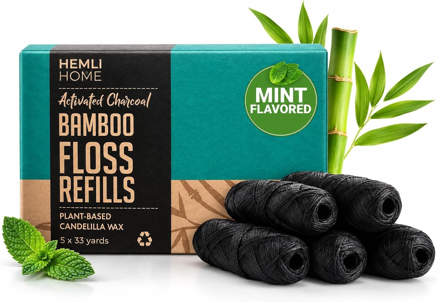 Bamboo Charcoal Dental Floss Refills, Bambo Woven Fibres, 5 x 33 Yards, Organic Refillable Dental Floss, Natural Floss, Eco-Friendly Floss. Plant-Based Candelilla Wax Floss with Natural Mint Flavoring