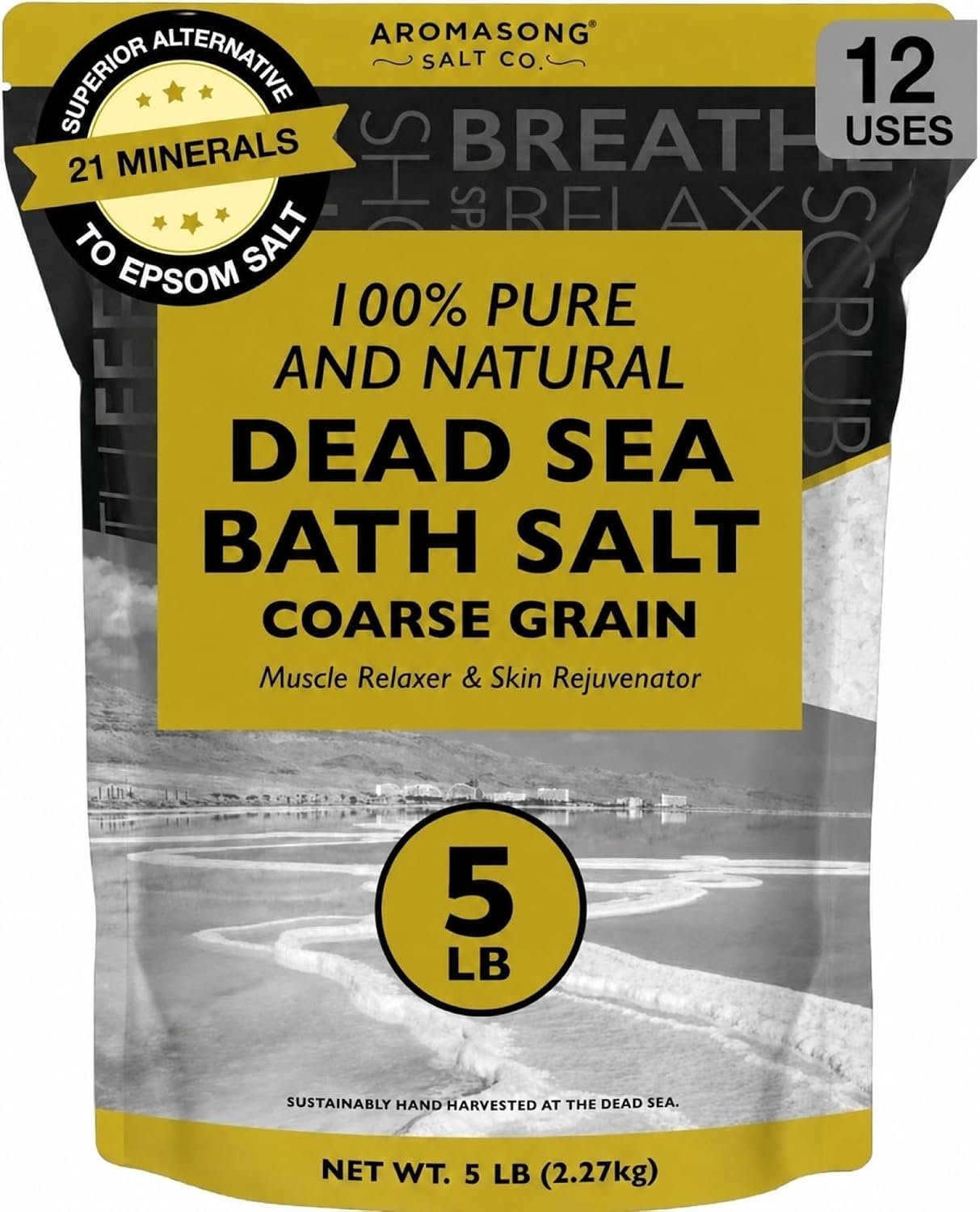 Aromasong Dead Sea Bath Salt – 100% Pure & Natural Dead Sea Salts for Soaking Coarse Grain 5 LB – Bulk Resealable Pack (Packaging May Vary) Used for Body wash Scrub – Soak for Women & Men.