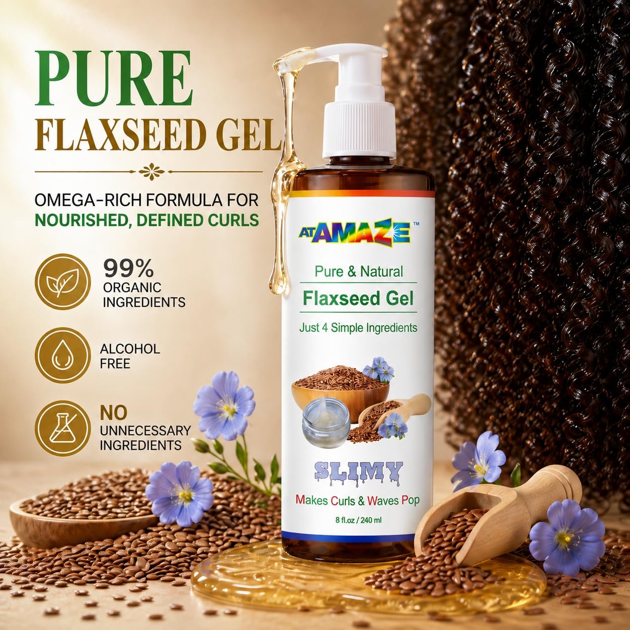 Flaxseed Gel Hair and Skin for Waves & Curls, Hydrating, Moisturizing, 8oz