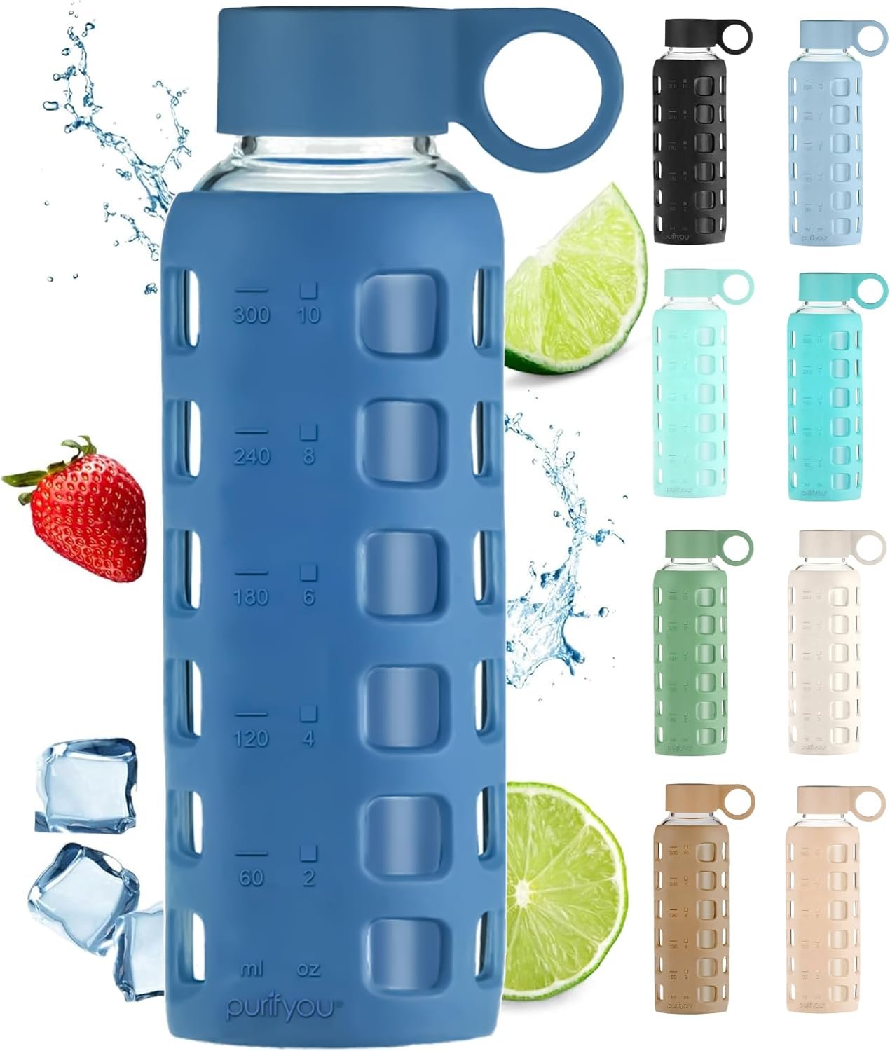 purifyou 40oz / 32oz / 22oz / 12oz Borosilicate Glass Water Bottle with Time & Volume Markers, Silicone Sleeve, Stainless Steel Lid | Reusable Glass Bottle for Water & Juice