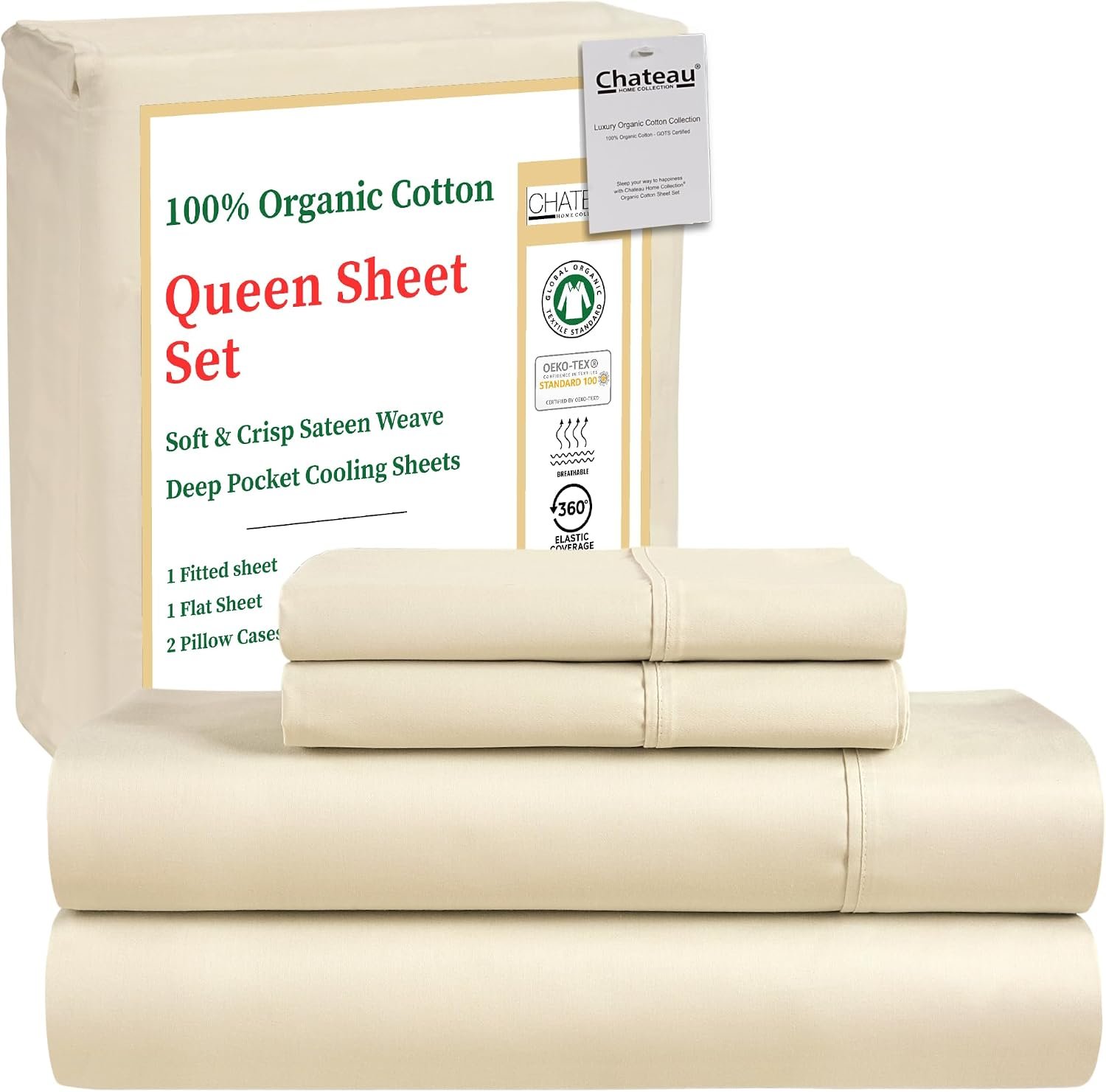 Queen Sheet Set- 100% Organic Cotton Sheets Queen Size Bed Set – Ivory