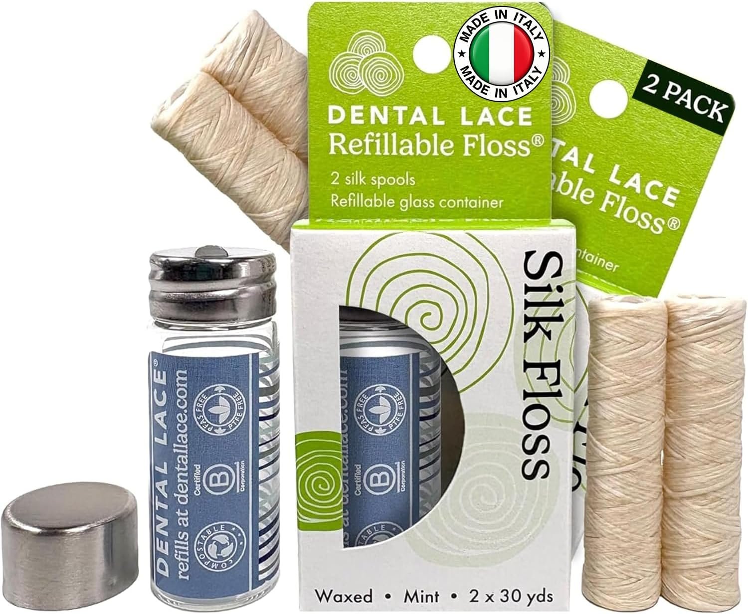 Dental Lace Refillable Silk Dental Floss, Mint, Waxed, PFAS Free, 2 Pack