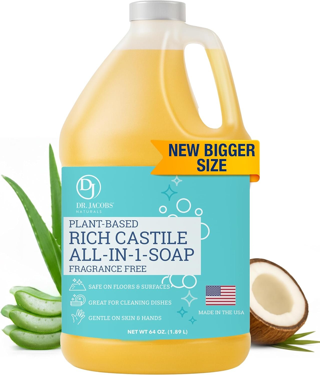 Dr. Jacobs Naturals Pure Castile Soap, 64 oz Value Size – Unscented – Made in USA – All-in-One Plant-Based Multipurpose Cleaner for Floors, Counters, Dishes & Laundry, Gentle on Skin, Biodegradable