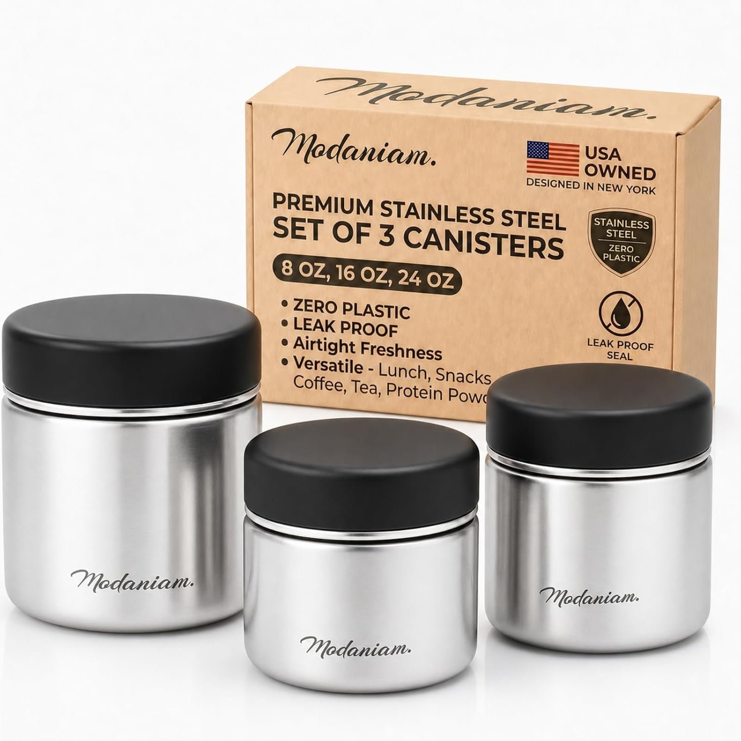 Modaniam Travel Stainless Steel Canister Set with Airtight Lid – Set of 3-8OZ, 16 OZ, 24oz, Coffe, Tea, lunch, Snacks, Metal Containers, Leak Proof Travel Lunch Containers,Kitchen Food Jars