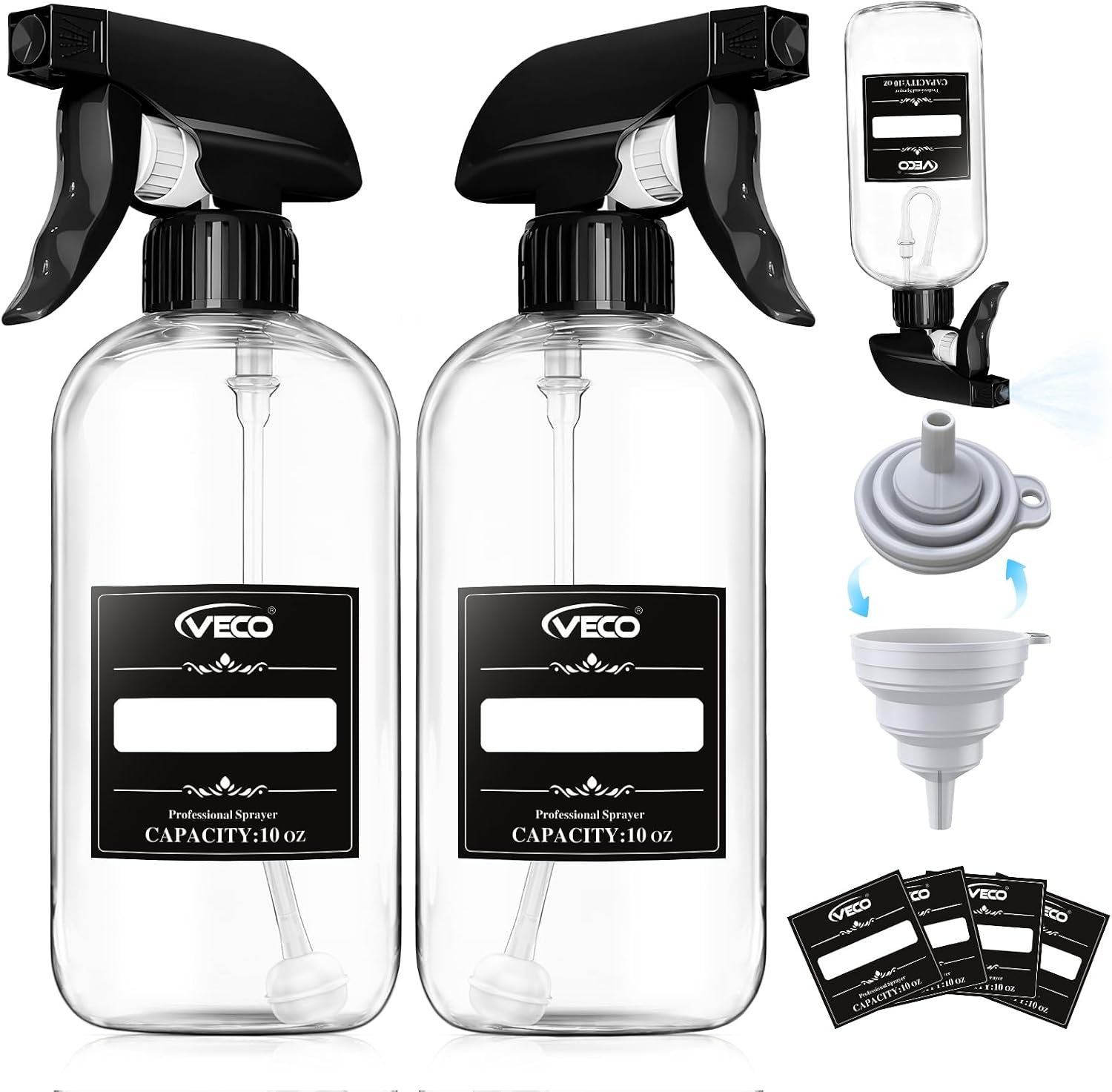 Veco 300mL (10oz) 360° Spray Bottles, 2-Pack — Adjustable Nozzle, Leak-Resistant spray bottles for Cleaning, Plants, Hair & Pet Use + Foldable Funnel