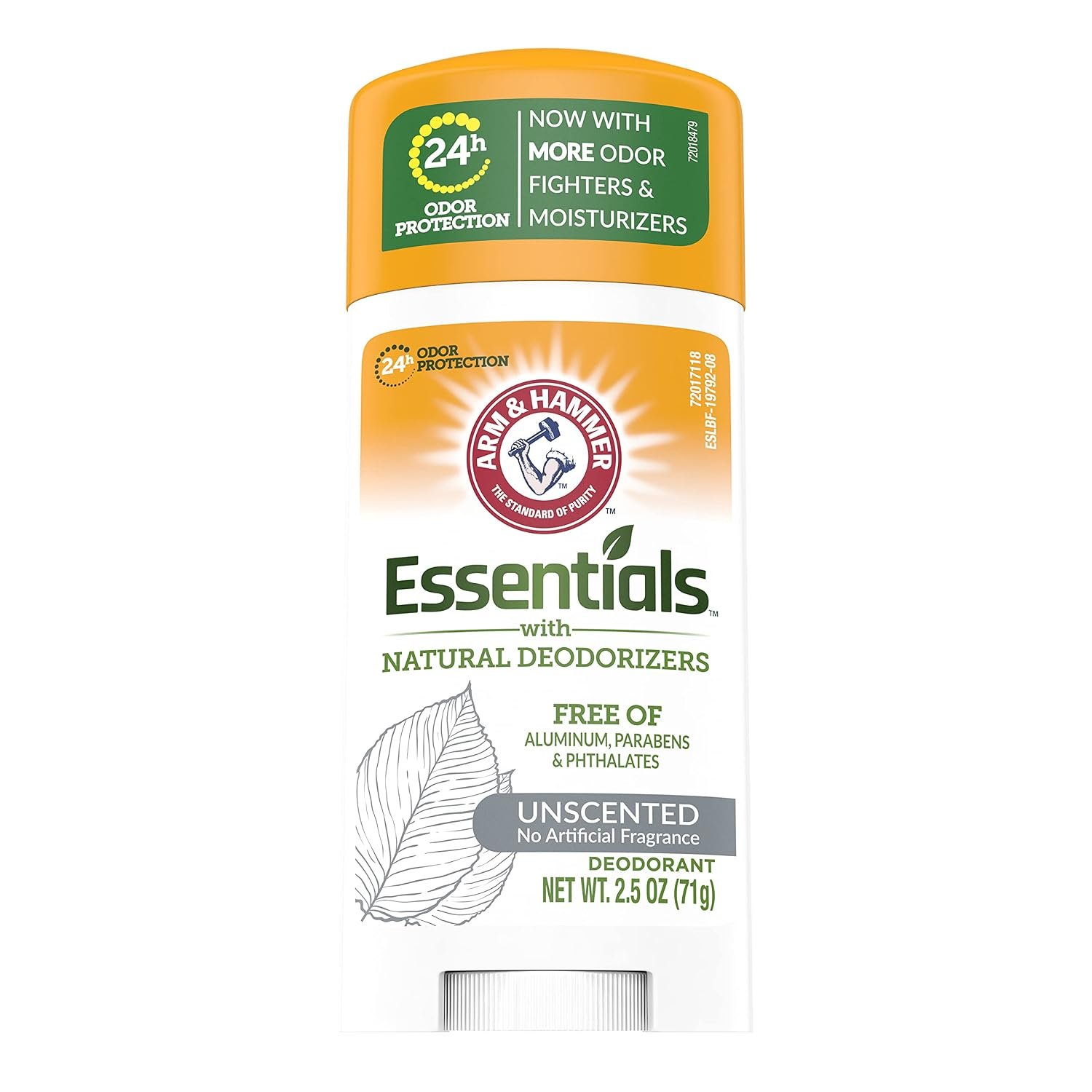 ARM & HAMMER Essentials Deodorant- Unscented- Solid Oval- Made with Natural Deodorizers- Free From Aluminum, Parabens & Phthalates, 2.5 Oz