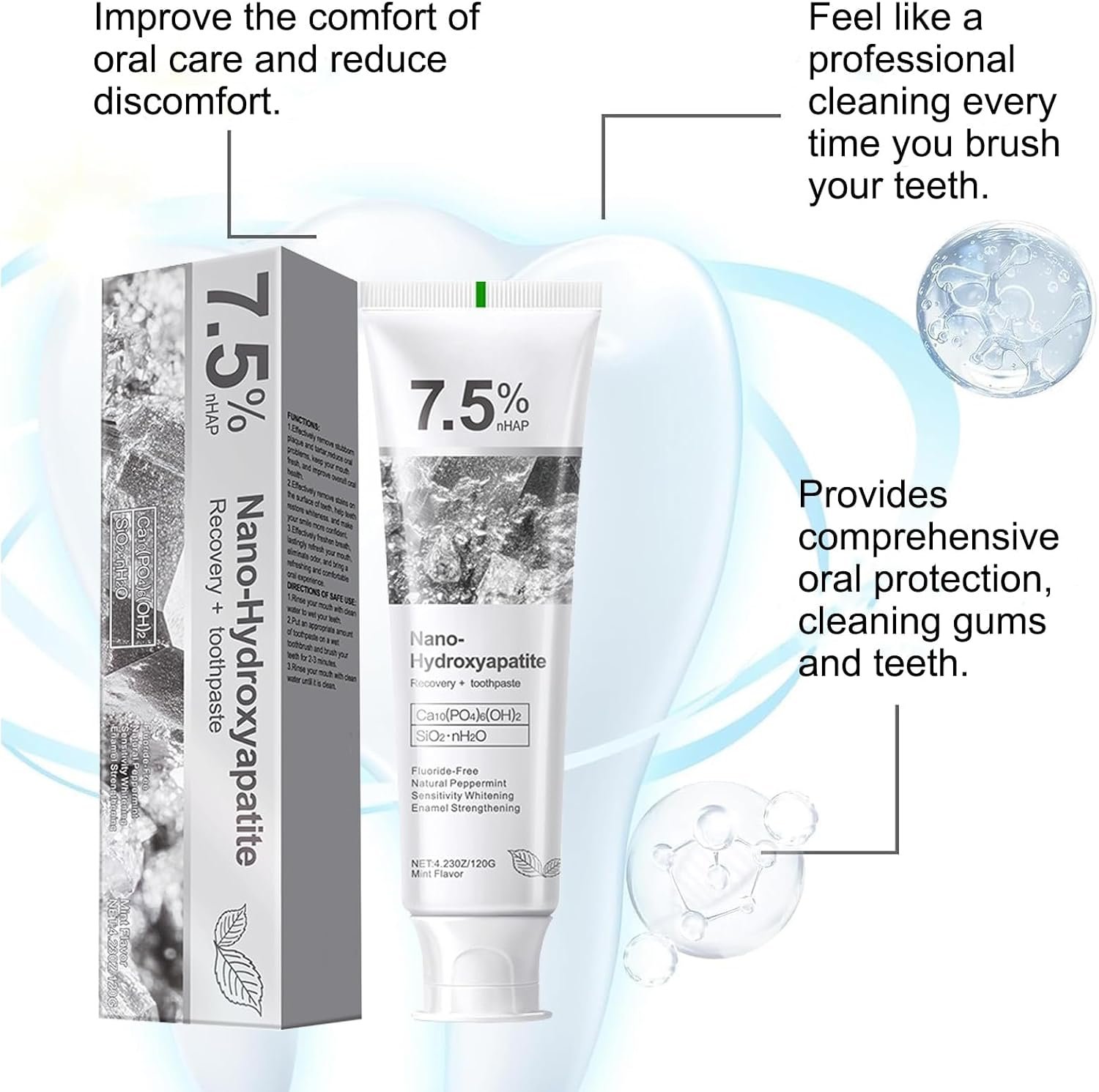 7.5% Nano Hydroxyapatite Toothpaste, Fluoride-Free Formula with Natural Mint for Fresh Breath, Deep Cleaning for Daily Oral Care (4.2 Fl Oz (Pack of 2))
