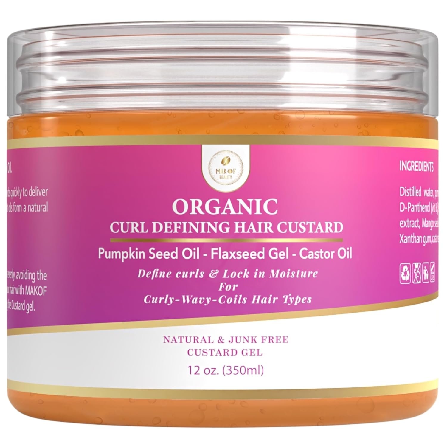 MAKOF BEAUTY Curls Defining & Styling Custard Gel, Enhances Curls Definition & Long-Lasting Hold. With Flaxseed, Pumpkin Seed & Rosemary. Natural Hair Styling, 12 fl oz