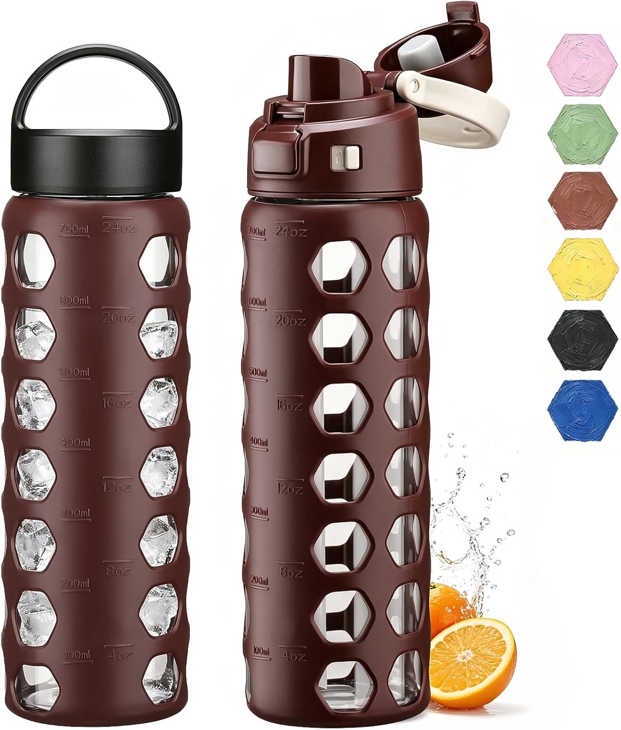 MUKOKO 24 oz Glass Water Bottle with 2 Lids, Cherry, 1 Pack