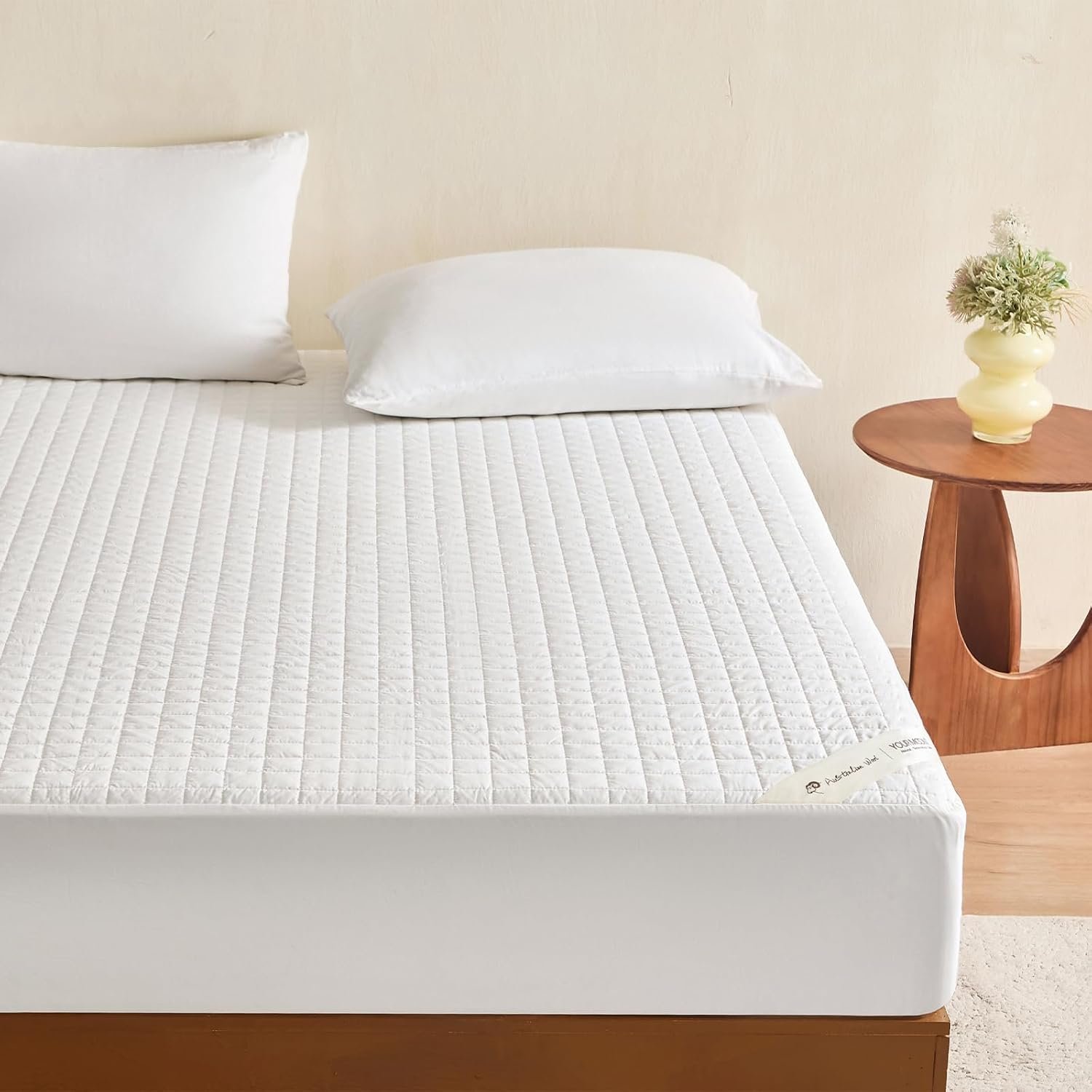 YOUR MOON 100% Washable Wool Mattress Pad Queen Size, Checkered White