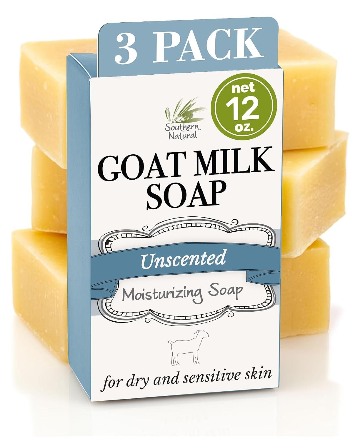 Southern Natural Goat Milk Soap Bar Unscented, 3 Pack, Dry Sensitive Skin