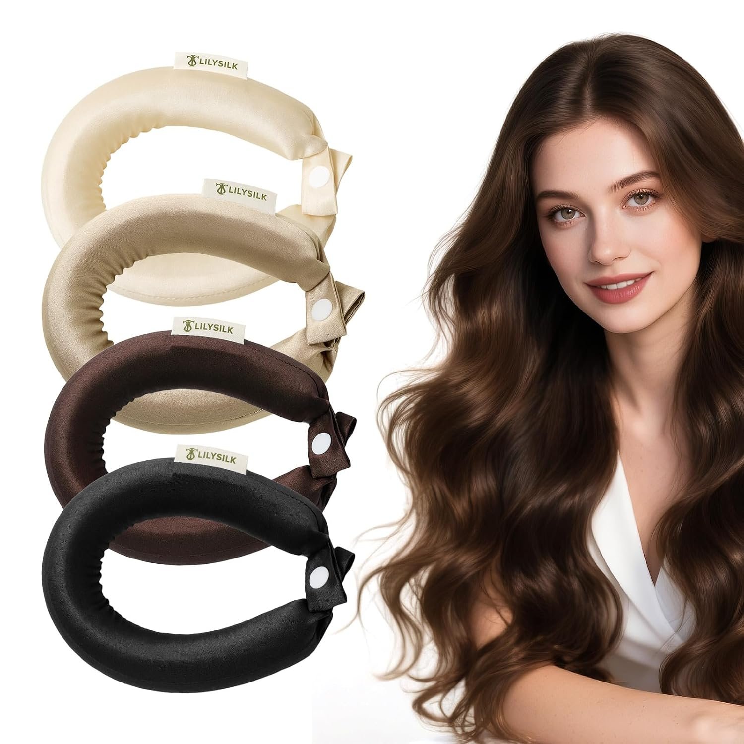 LILYSILK Pure Mulberry Silk Hair Roller For Women Heatless Curler Night Care Sleep Rod 4pc, Coffee Collection