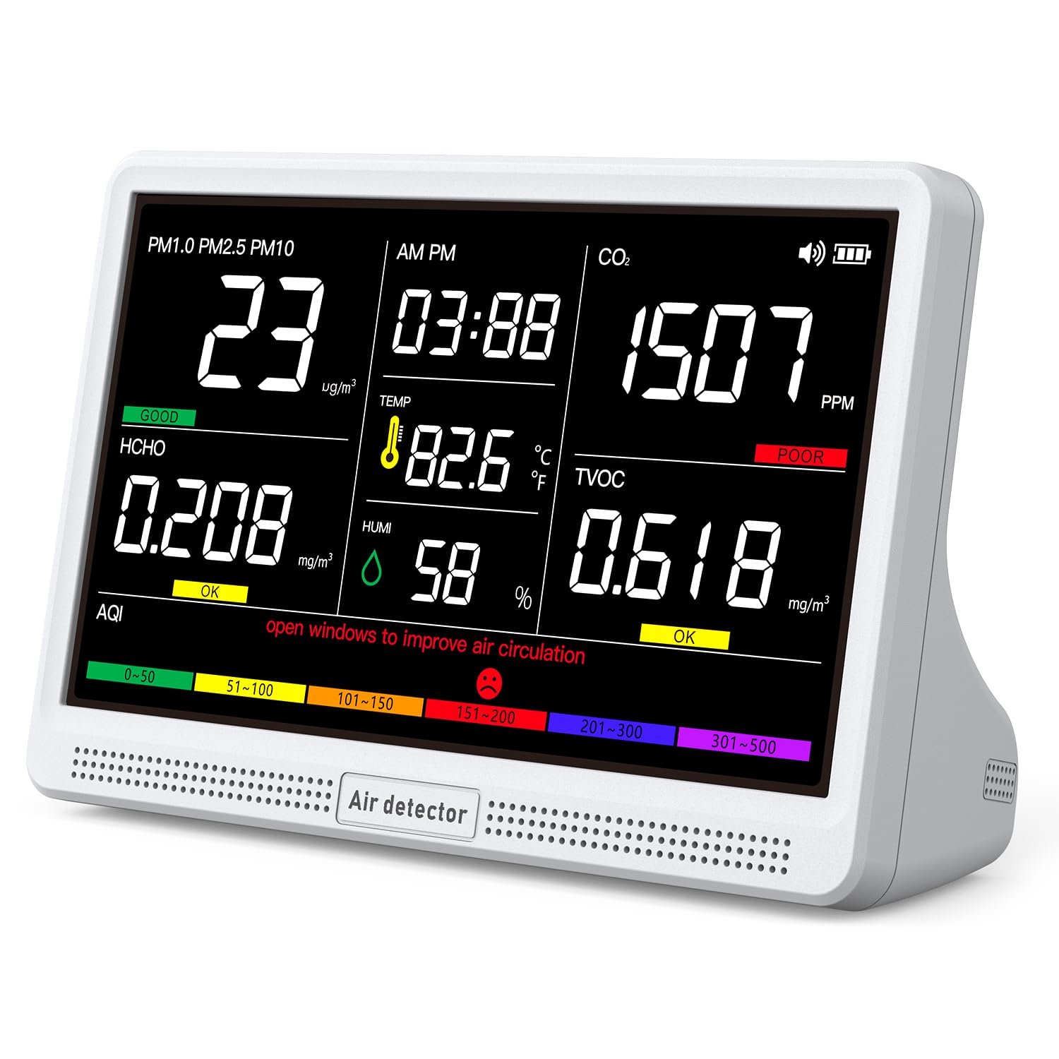 16 in 1 Air Quality Monitor Indoor 12Hrs Battery 7″ Wildfire CO2 Monitor