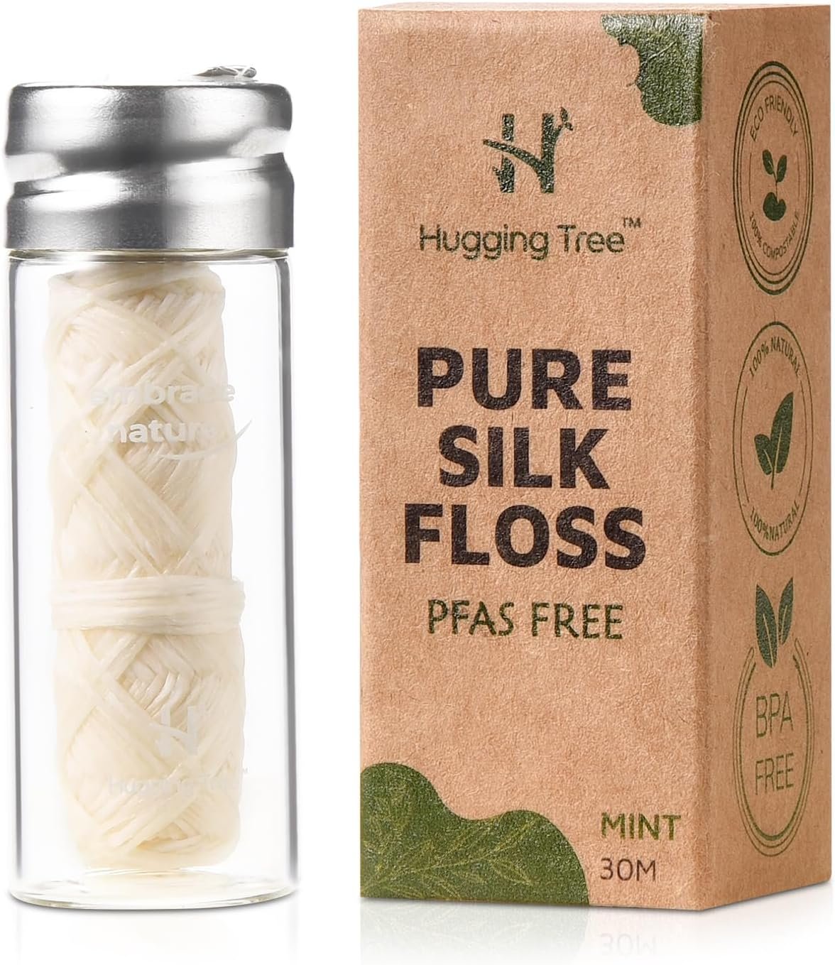 Silk Dental Floss with Refillable Glass Dispenser, PFAS Free, 33 Yards