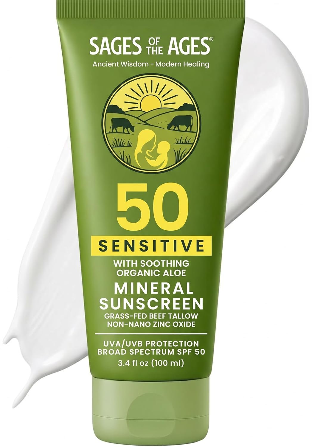 Grass-Fed Tallow Natural Mineral Sunscreen SPF 50 — No White Cast, Non-Nano Zinc Oxide, Reef Safe UVA/UVB, Water Resistant 80 Min, Moisturizing & Soothing with Aloe Vera, Face & Body