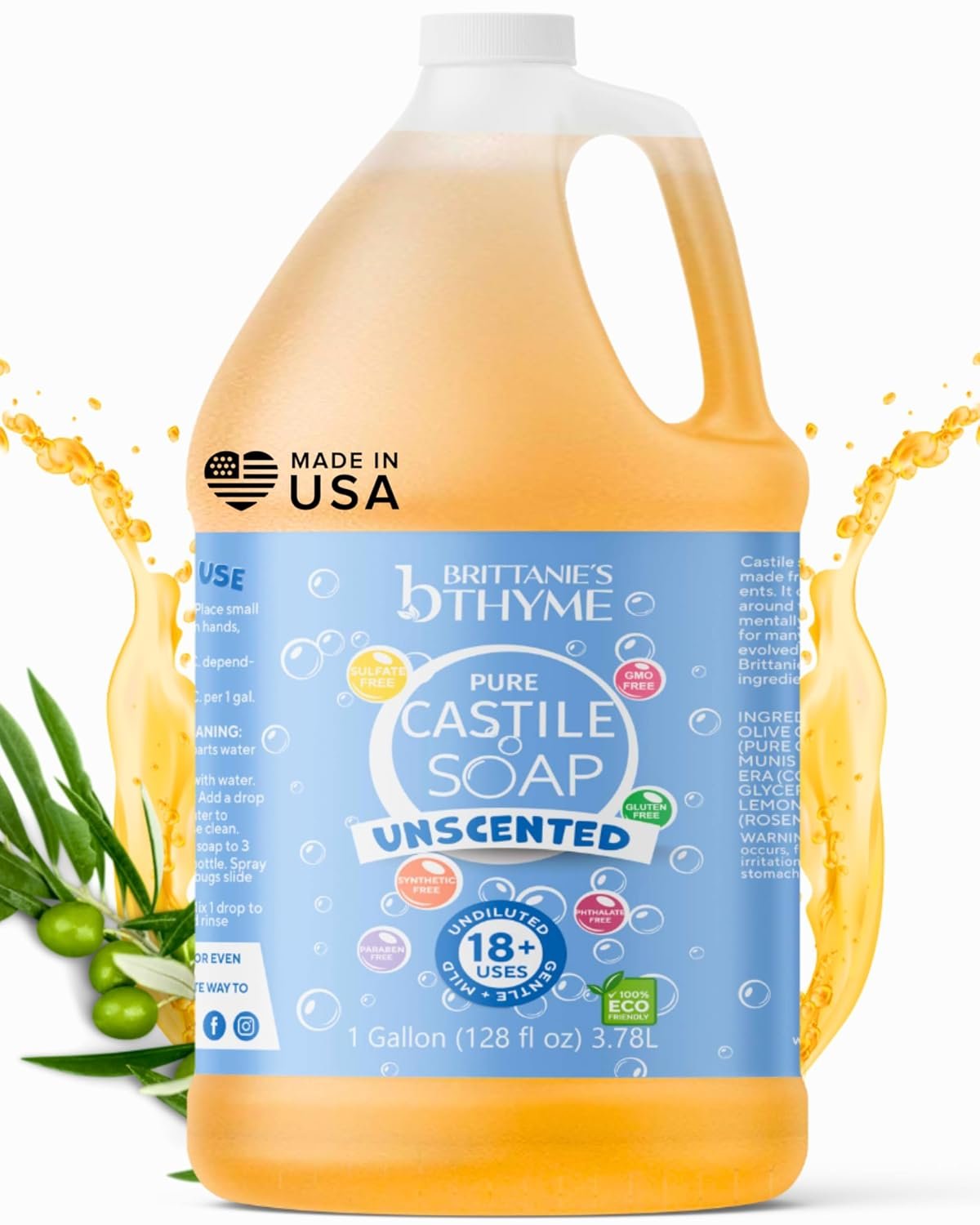 Brittanie’s Pure Castile Liquid Olive Oil Soap Refill, Unscented, 1 Gallon