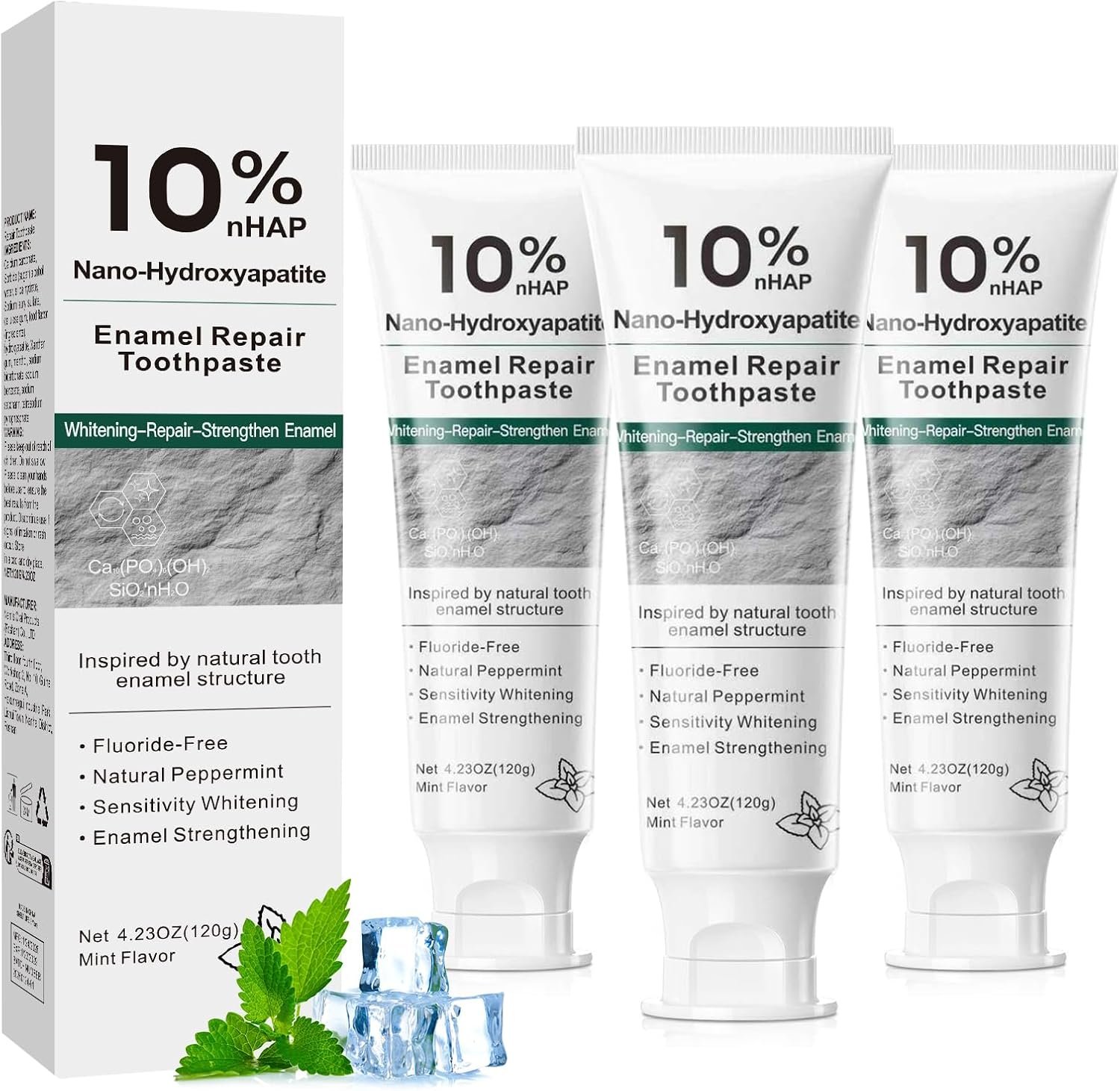 10% Nano Hydroxyapatite Toothpaste, Fluoride Free, 3 Pack