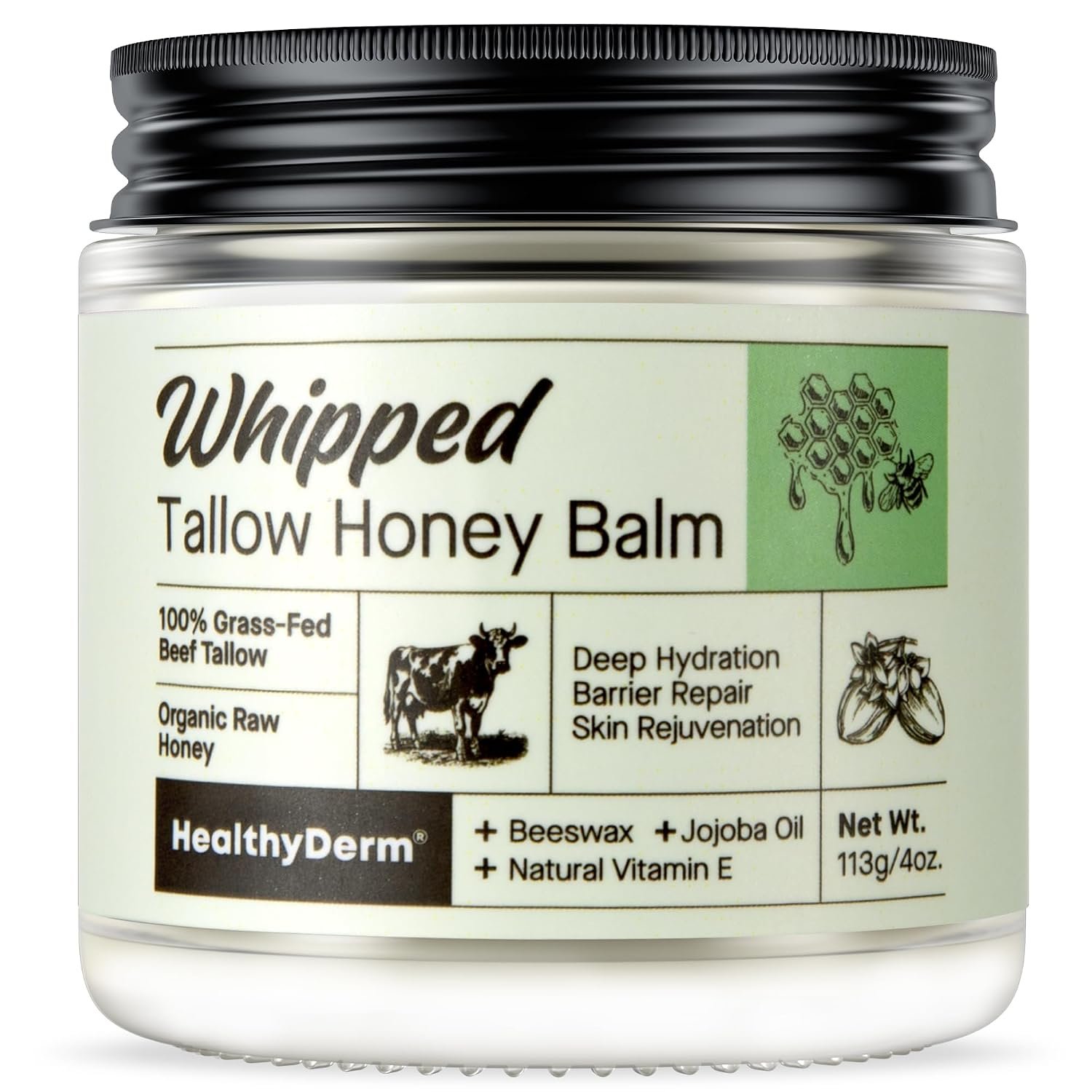 Beef Tallow Honey Balm for Skin: 100% Grass Fed Whipped Organic Moisturizer with Organic Raw Honey, Jojoba Oil, Vitamin E – Natural Face and Body Care for Mature, Dry or Sensitive Skin, 4oz