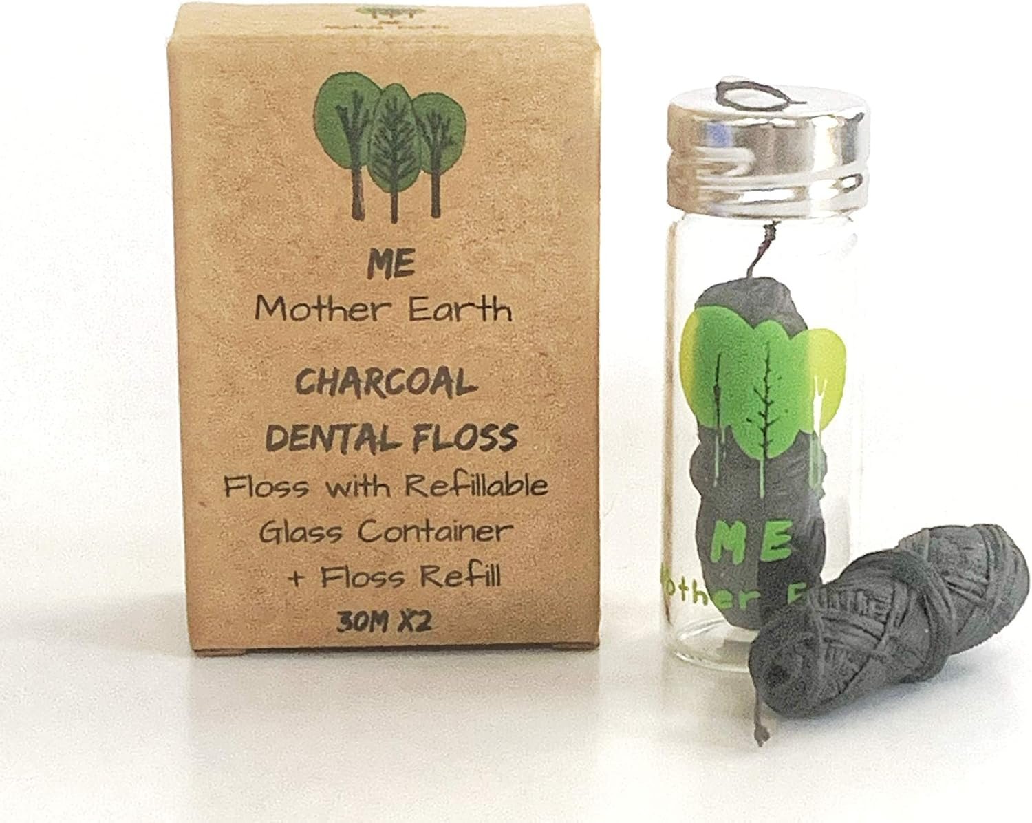 Me Mother Earth Charcoal Dental Floss, Glass Dispenser, Waxed, 2 Pack