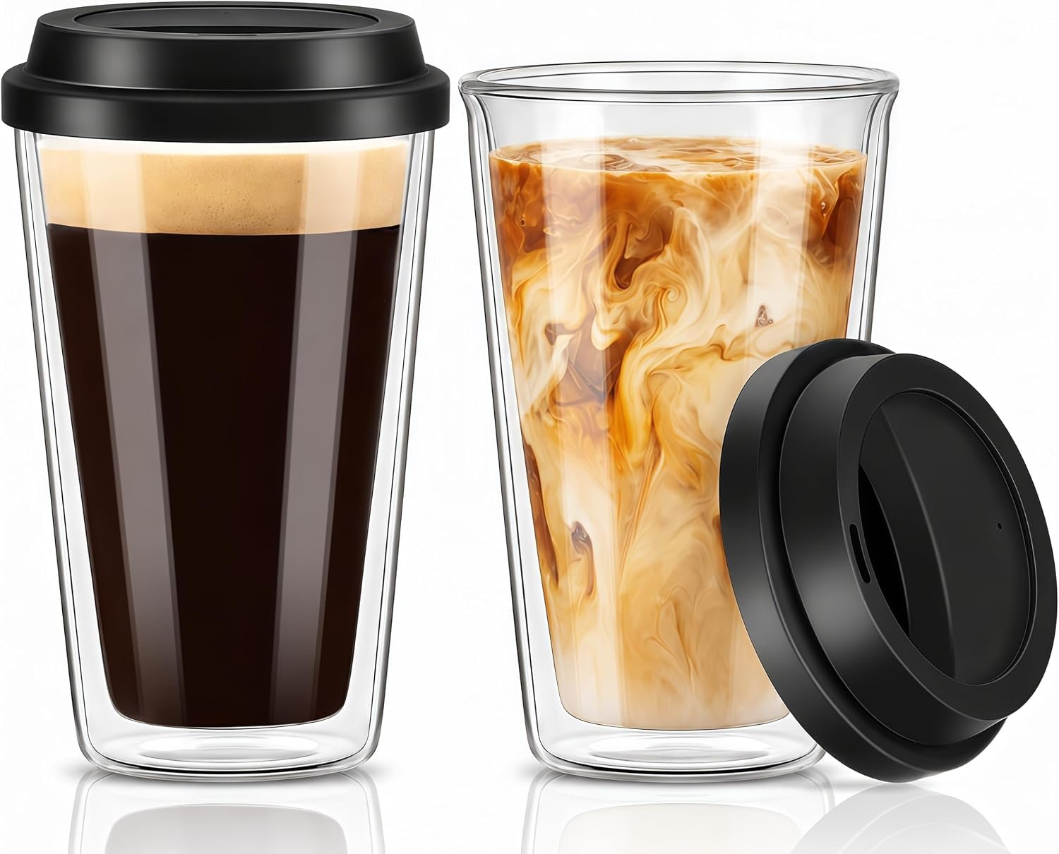 Qipecedm® 2 Packs Double Walled Glass Coffee Mugs with Silicone Lids, 12 OZ Reusable Glass Coffee Cups, Insulated Coffee Mugs, Cappuccino,Tea,Latte,Iced Coffee Cups, Glass Travel Mug, Heat Resistant