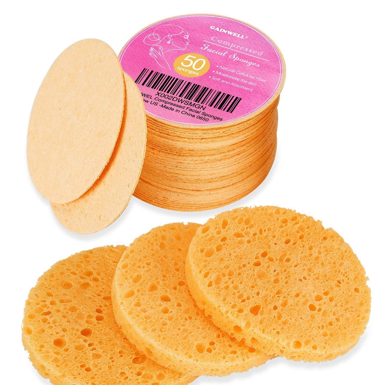 GAINWELL 50-Count Compressed Face Sponges, 100% Natural Wooden Cellulose Cosmetic Spa Sponge for Facial Cleansing, Exfoliating Mask, Makeup Removal
