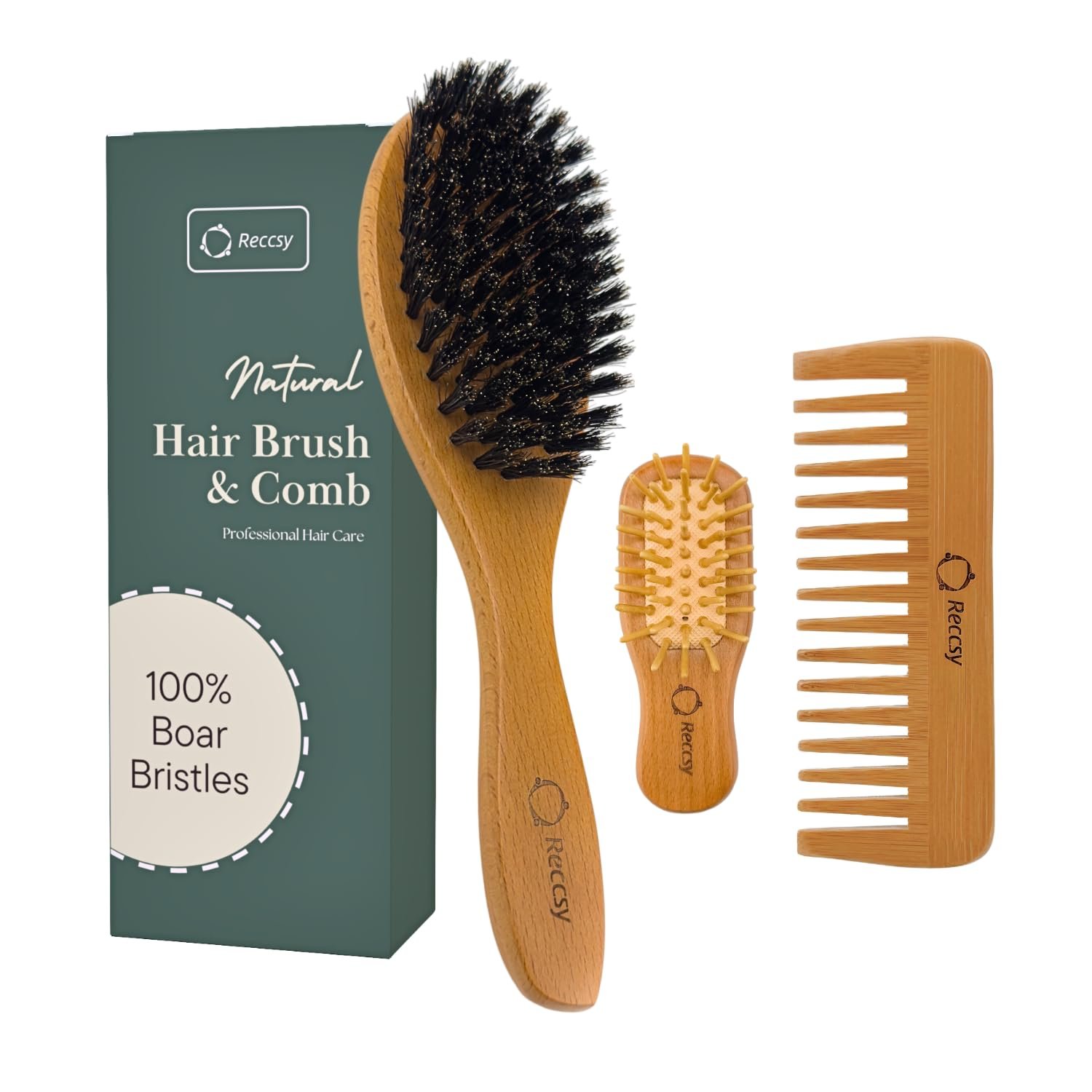 Reccsy 100% Natural Boar Bristle Hair Brush Set with Bamboo Comb for Women