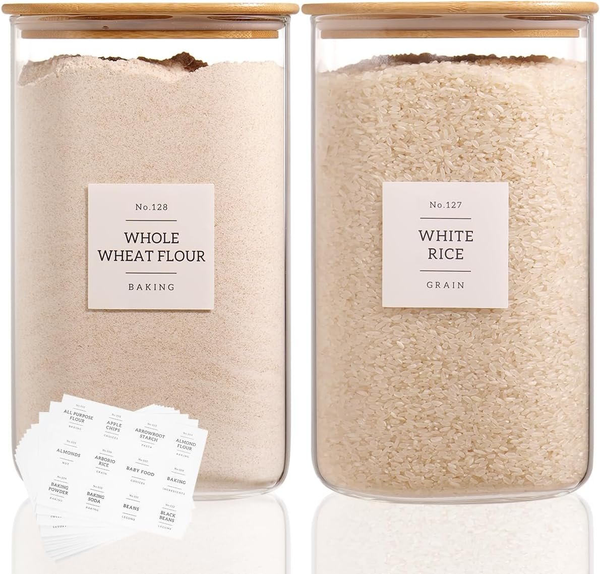 2 Pack large Square Glass Flour and Sugar Containers with 132 Kitchen Pantry Labels – Thicken 149 floz Glass Storage Jars with Airtight Bamboo Lid – Big Rice Canisters for Coffee, Pasta, Cereal